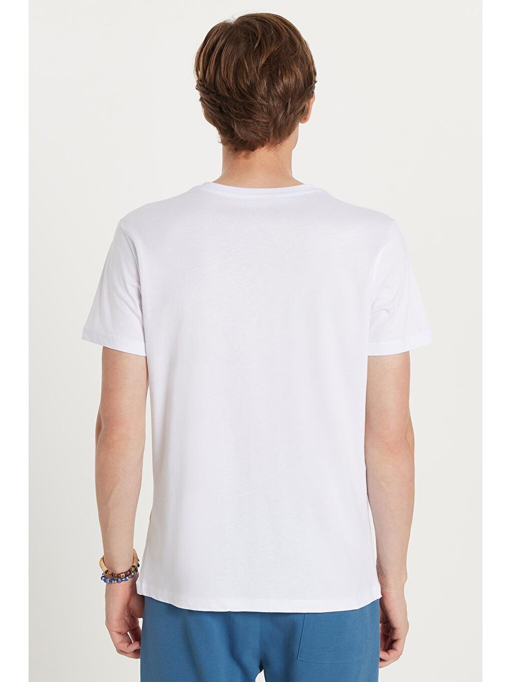 Erkek Slim Fit Dar Kesim %100 Pamuk Yumuşak Dokulu Baskılı Beyaz Bisiklet Yaka Tişört-4