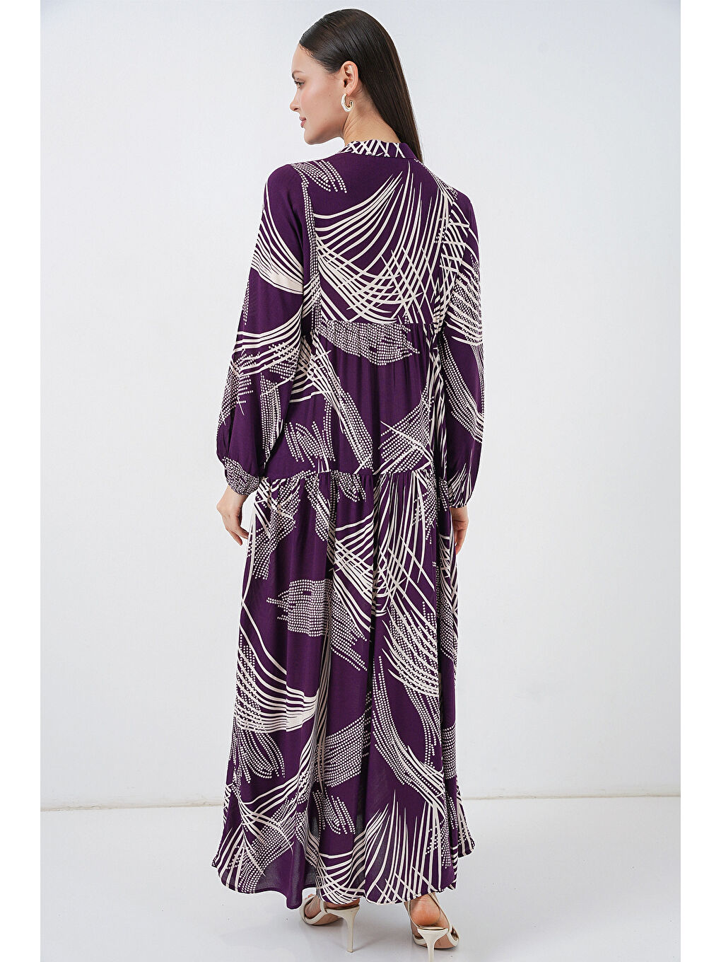 Kadın Desenli Uzun Tesettür Elbise 2585 - Mor-5