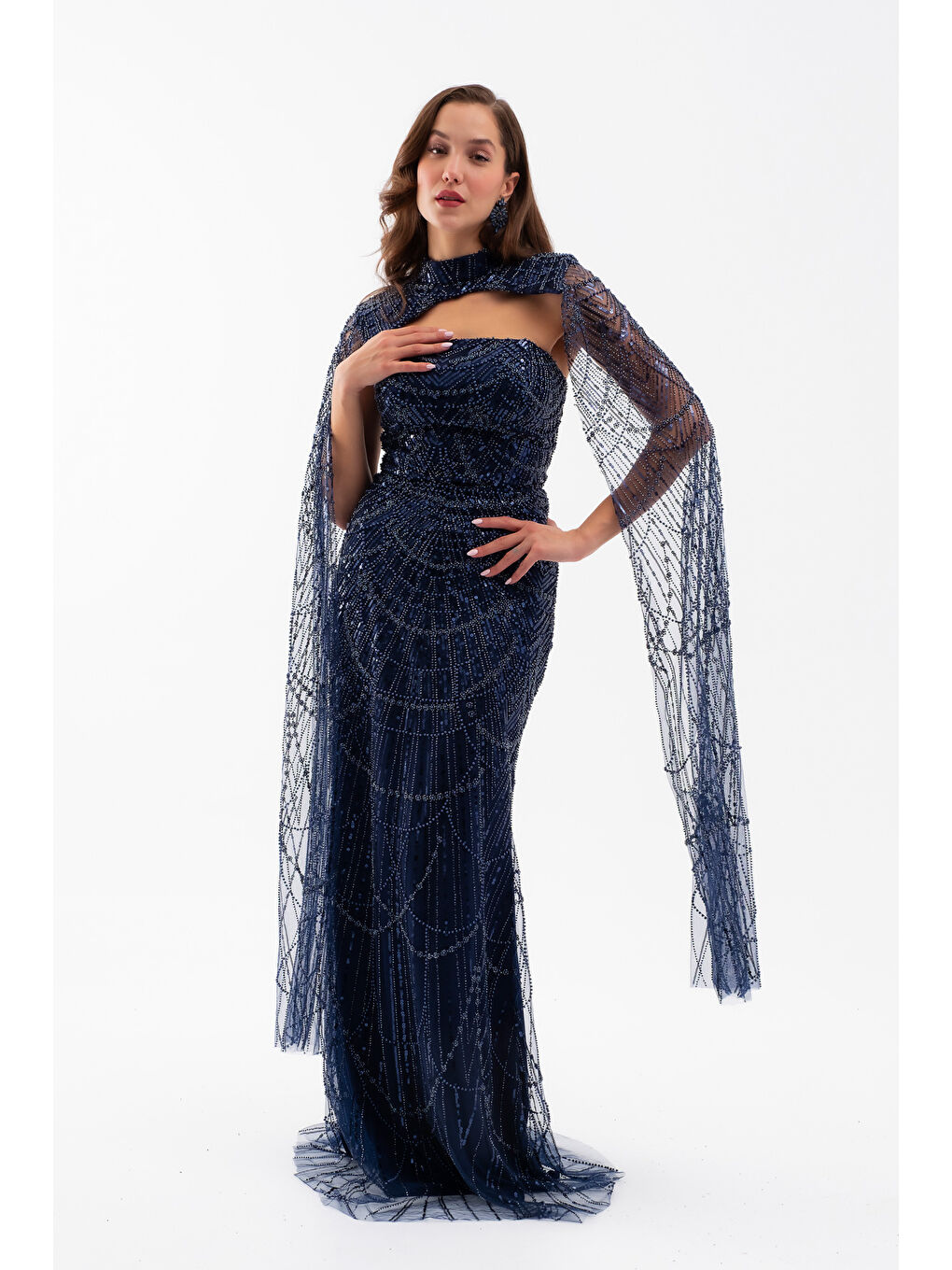 Kadın Lacivert Şallı Uzun Kol Dik Yaka Boncuklu Abiye-1