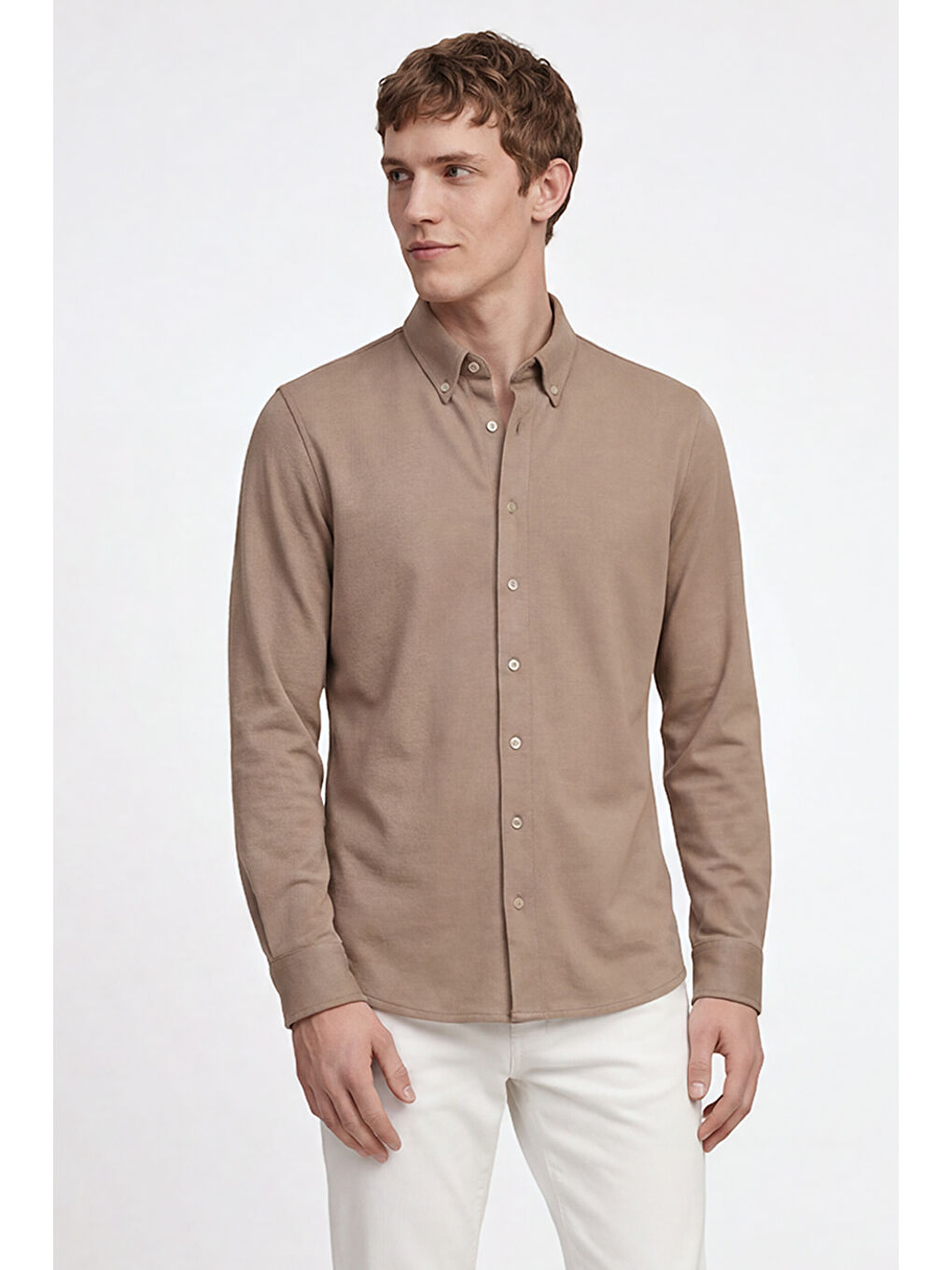 Bej Erkek Vizon Pamuklu Tailored Slim Fit Dar Kesim Düğmeli Yaka Örme Gömlek-4