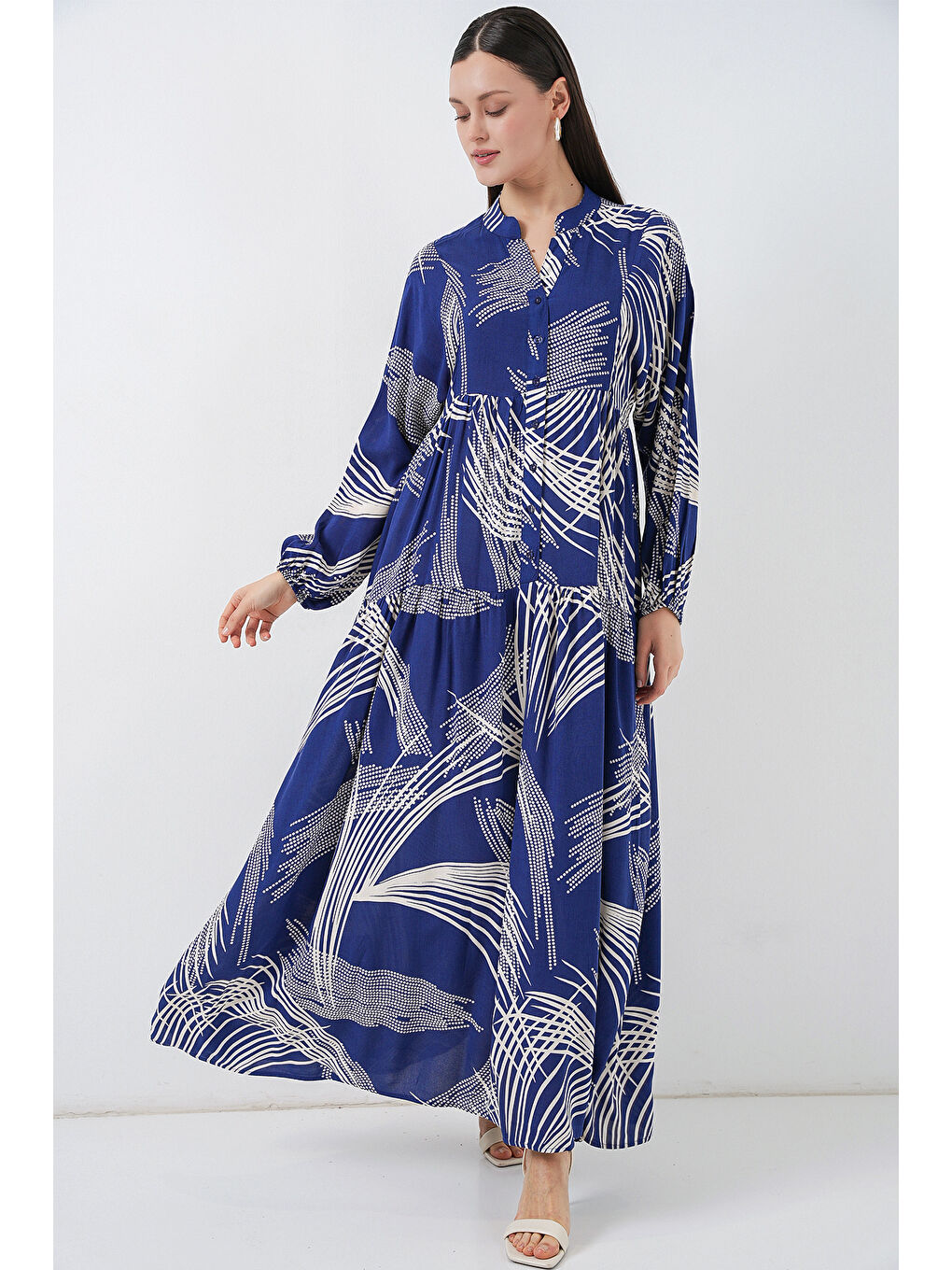 Kadın Desenli Uzun Tesettür Elbise 2585 - C.Lacivert-1