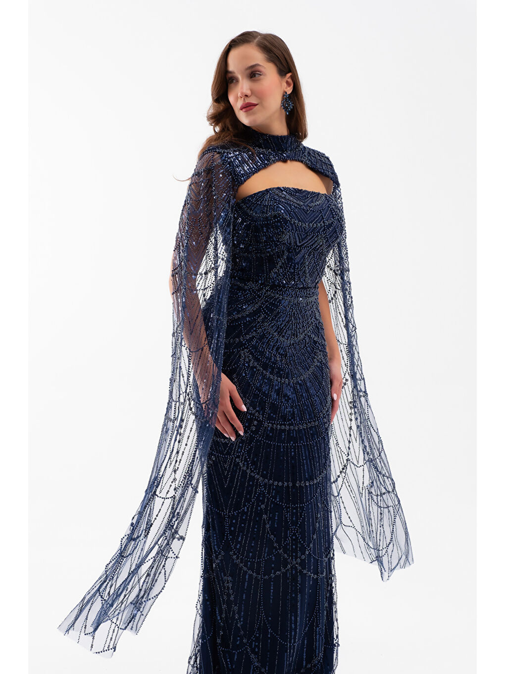 Kadın Lacivert Şallı Uzun Kol Dik Yaka Boncuklu Abiye-2