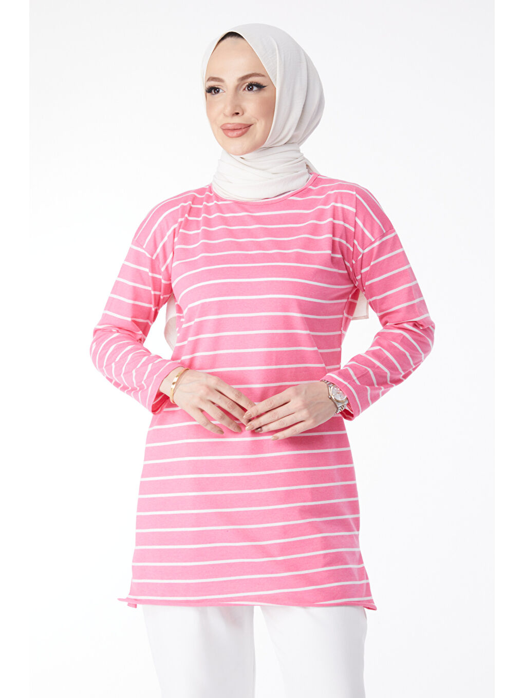 Çİzgili Yırtmaçlı Tunik Fuşya - 27134