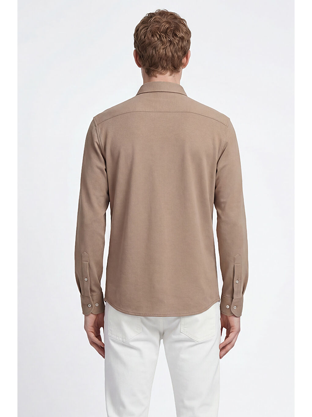Bej Erkek Vizon Pamuklu Tailored Slim Fit Dar Kesim Düğmeli Yaka Örme Gömlek-5