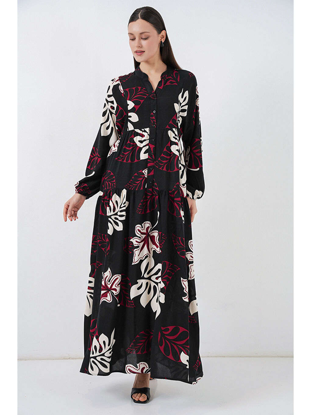 Kadın Desenli Uzun Tesettür Elbise 2585 - Z.Siyah-2