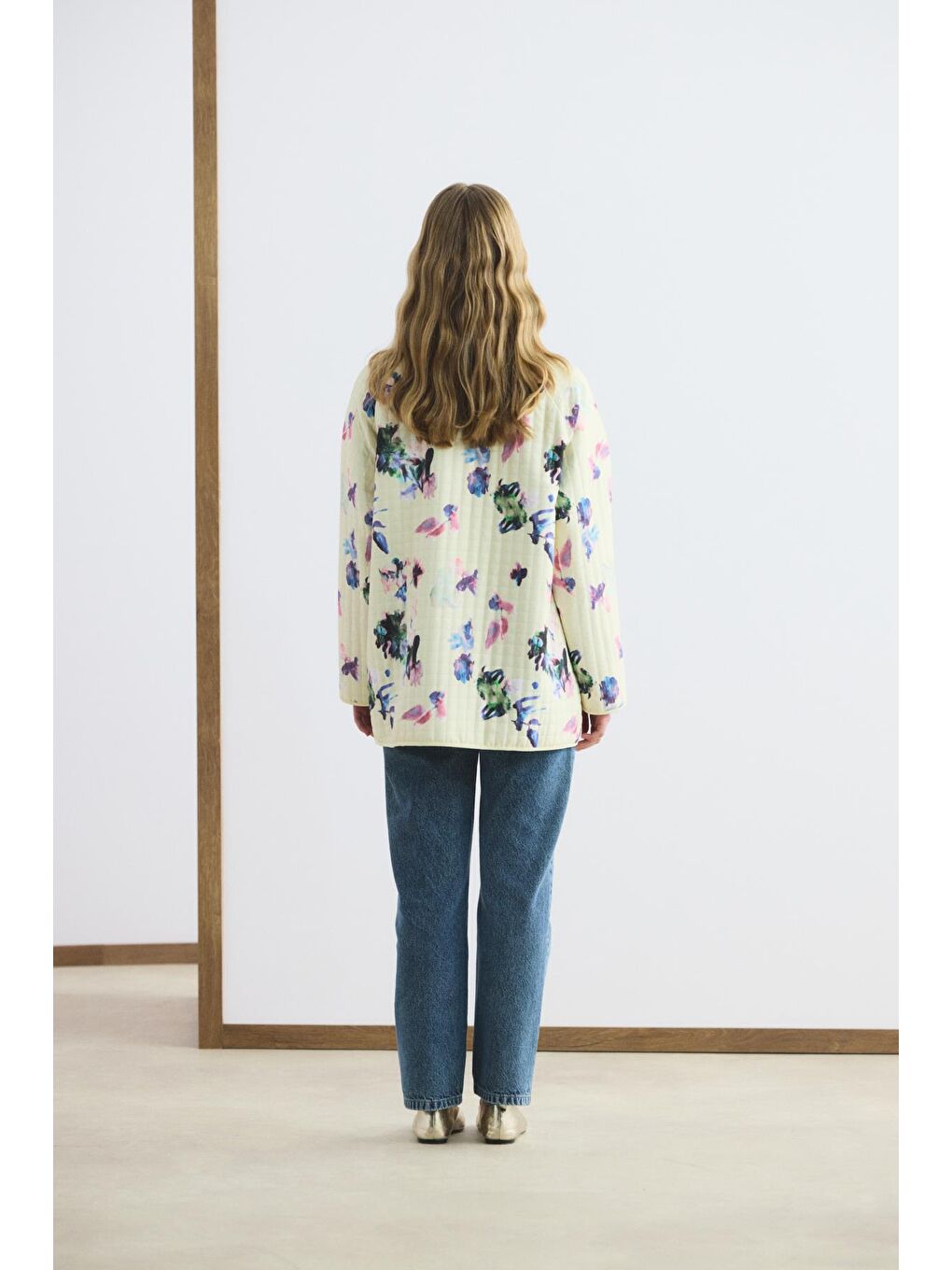 Desenli Klasik Yaka İnce Kapitone Ceket Sarı-5