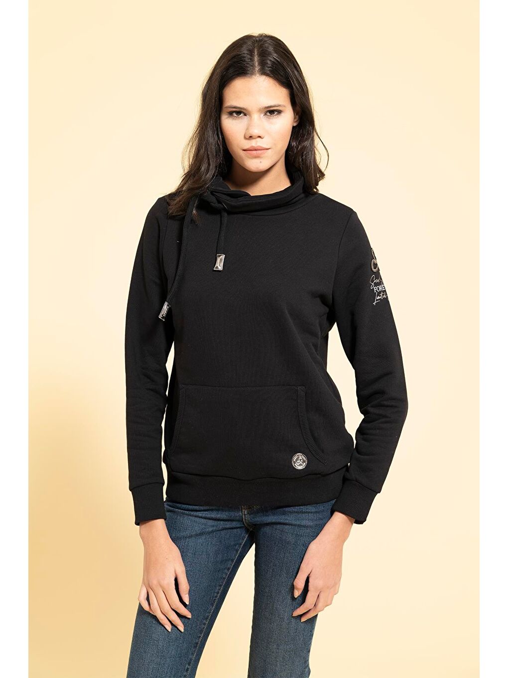 For You Moda Yaka Kordon Detaylı Kanguru Cep Siyah Sweatshirt - 3