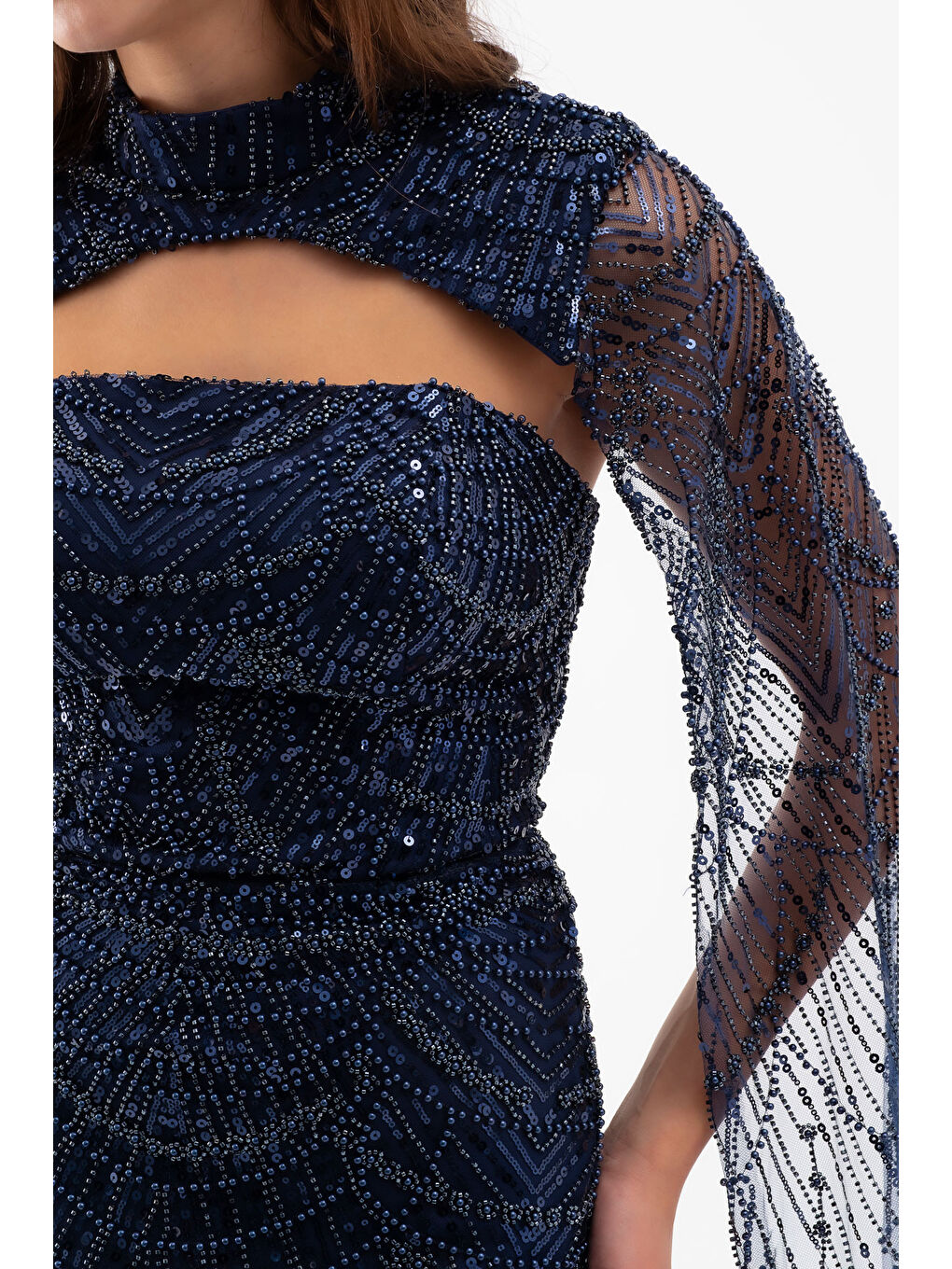 Kadın Lacivert Şallı Uzun Kol Dik Yaka Boncuklu Abiye-3