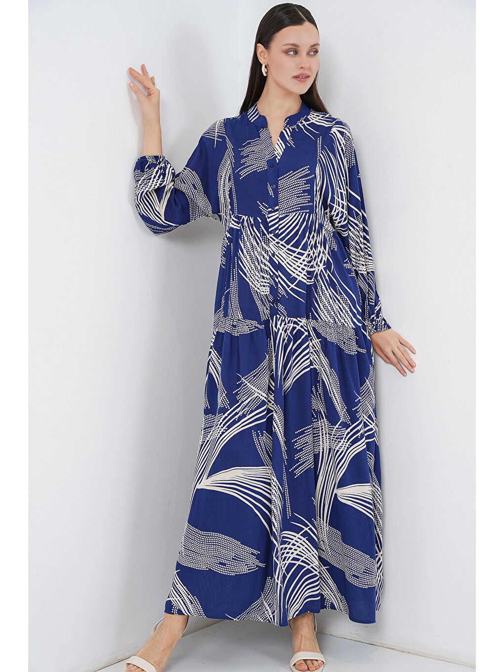 Kadın Desenli Uzun Tesettür Elbise 2585 - C.Lacivert-2