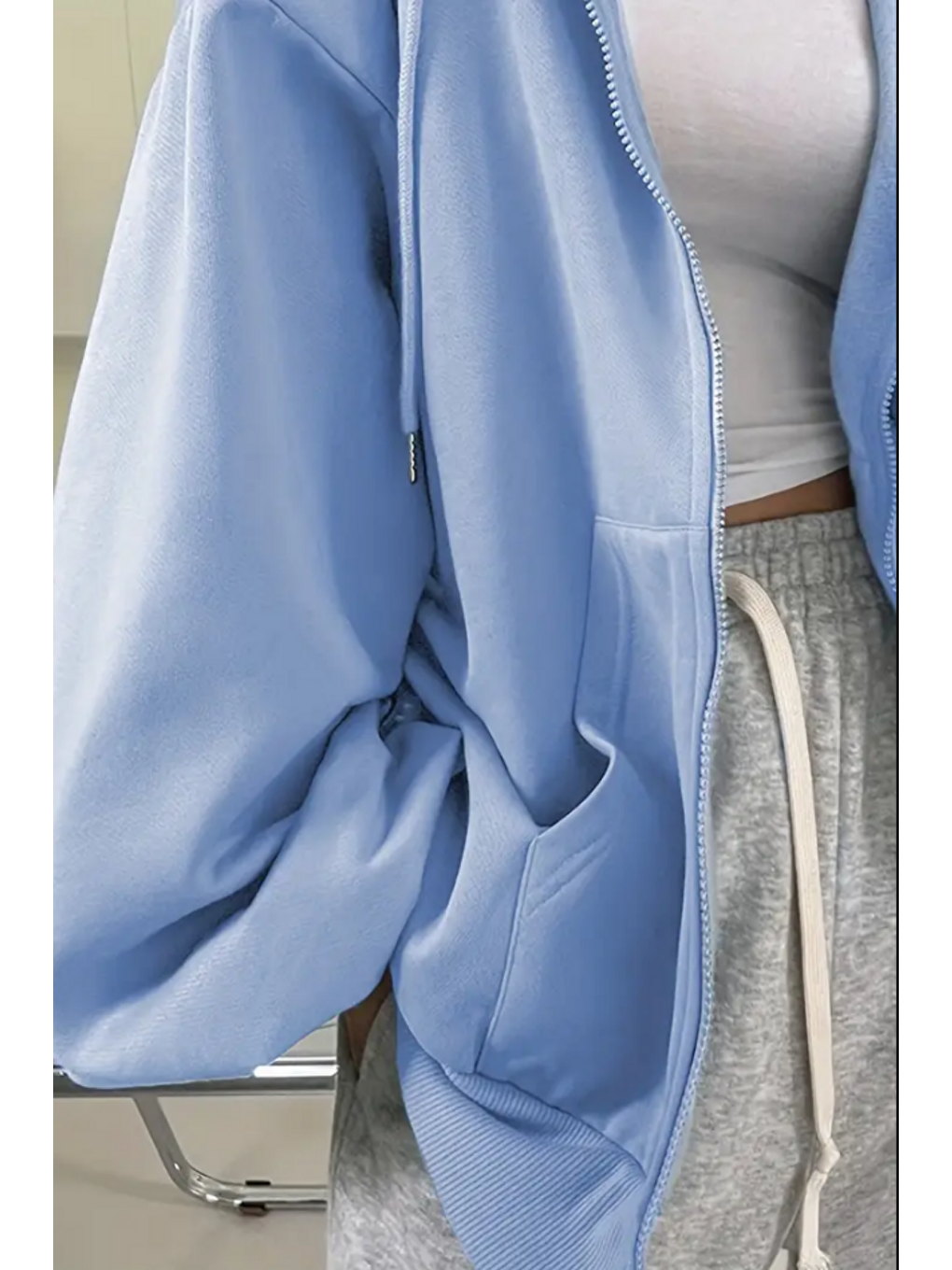 Unisex Mavi Fermuar Kapüşonlu Sweatshirt-2