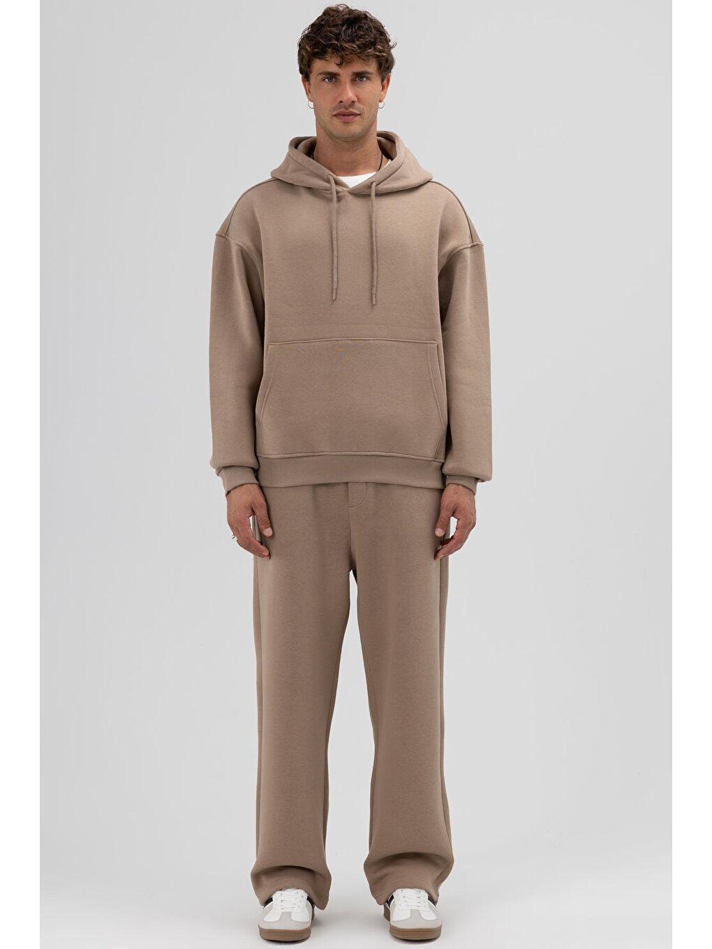 Bej Basic Oversize Kapüşonlu Sweatshirt Vizon