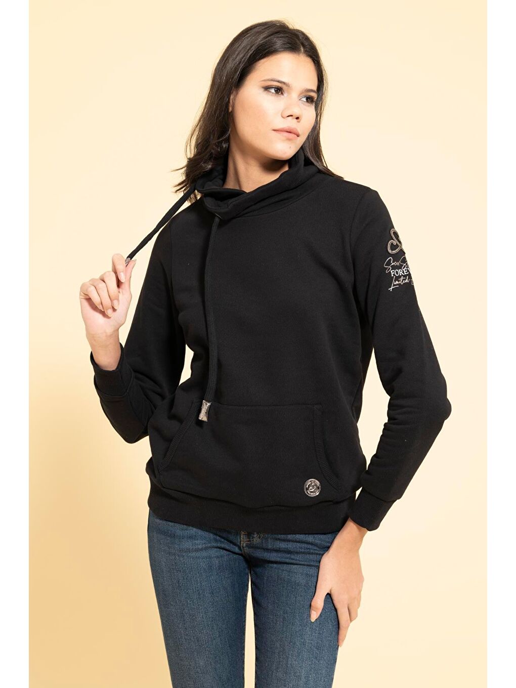 For You Moda Yaka Kordon Detaylı Kanguru Cep Siyah Sweatshirt - 4