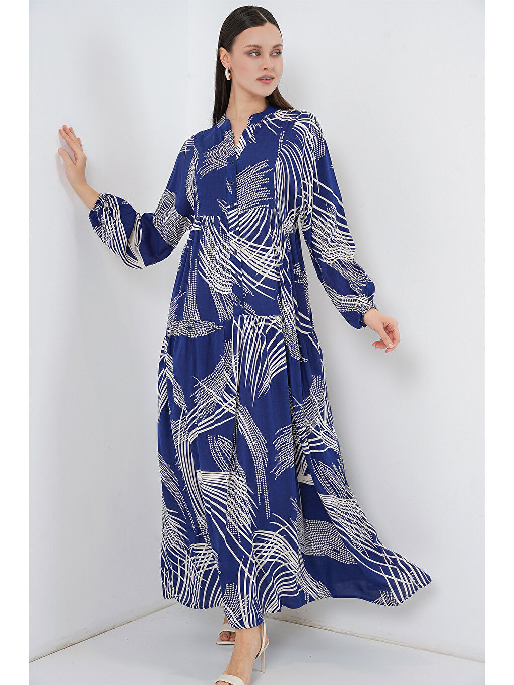 Kadın Desenli Uzun Tesettür Elbise 2585 - C.Lacivert-3