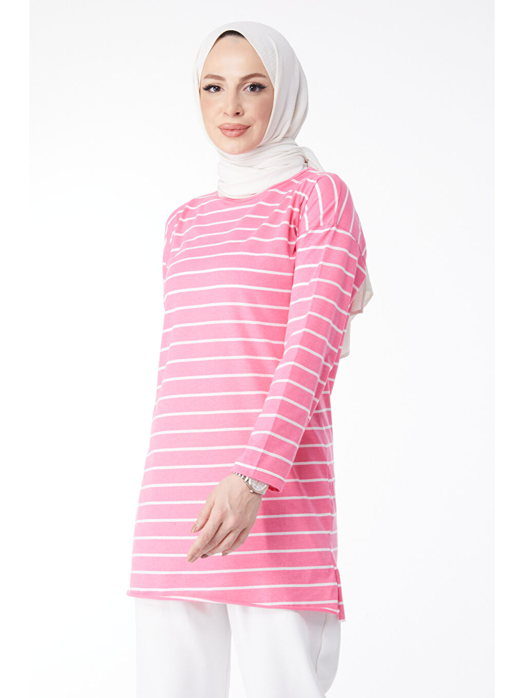 Çİzgili Yırtmaçlı Tunik Fuşya - 27134-1