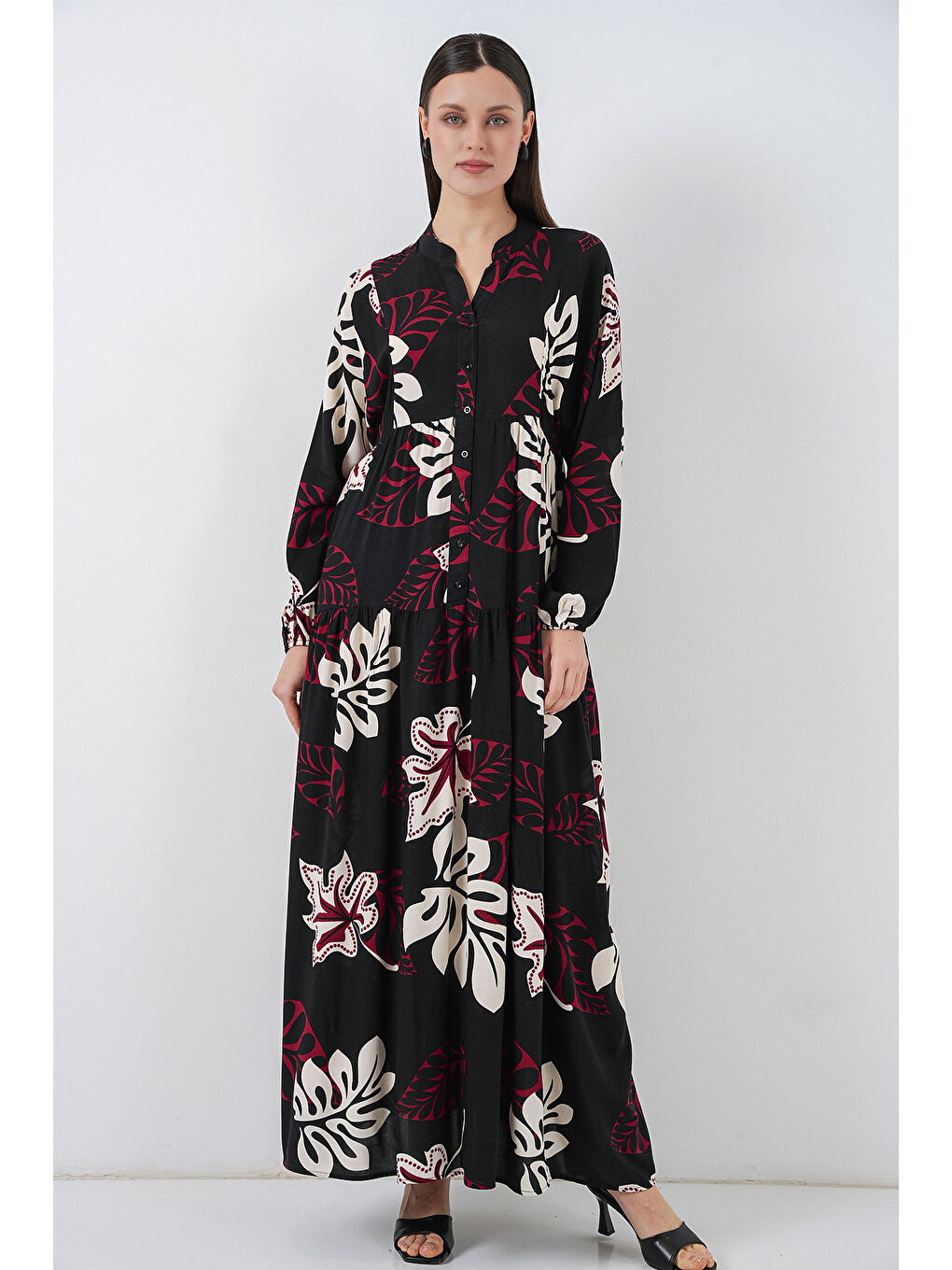 Kadın Desenli Uzun Tesettür Elbise 2585 - Z.Siyah-3