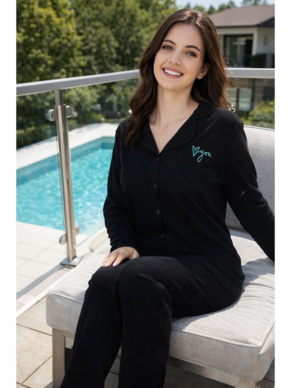 Kadın Önü Düğmeli Suprem Pijama Takımı 0602 Siyah05-3