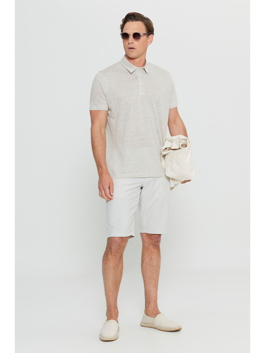 Erkek Bej %100 Keten Slim Fit Dar Kesim Polo Yaka Tişört-1