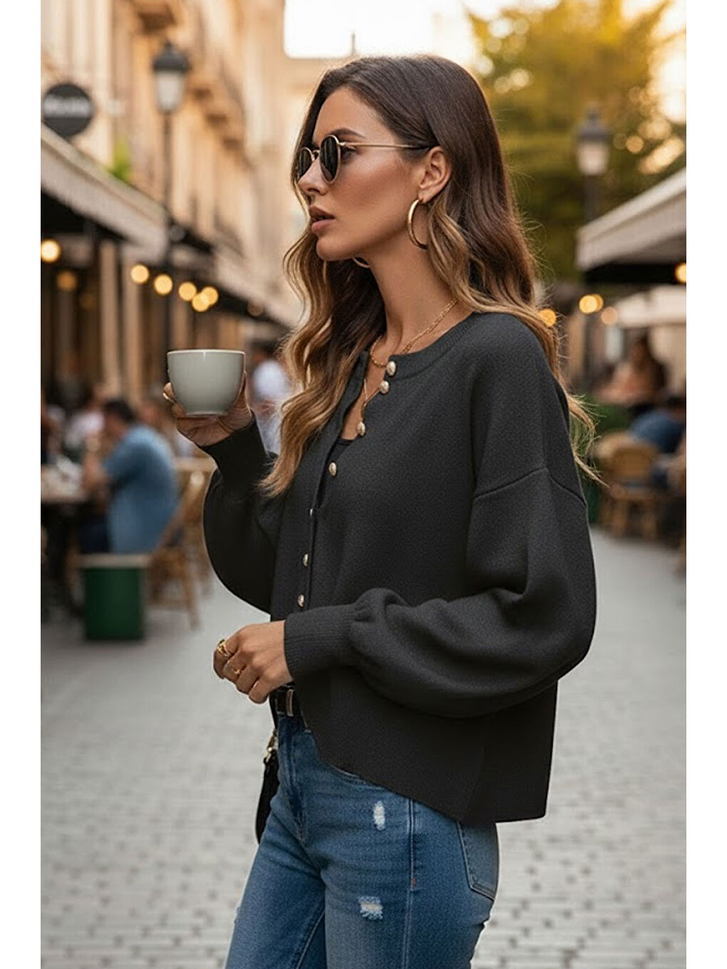 Antrasit Yumuşak Dokulu Mücevher Düğmeli Ceket Görünümlü Triko Hırka-1