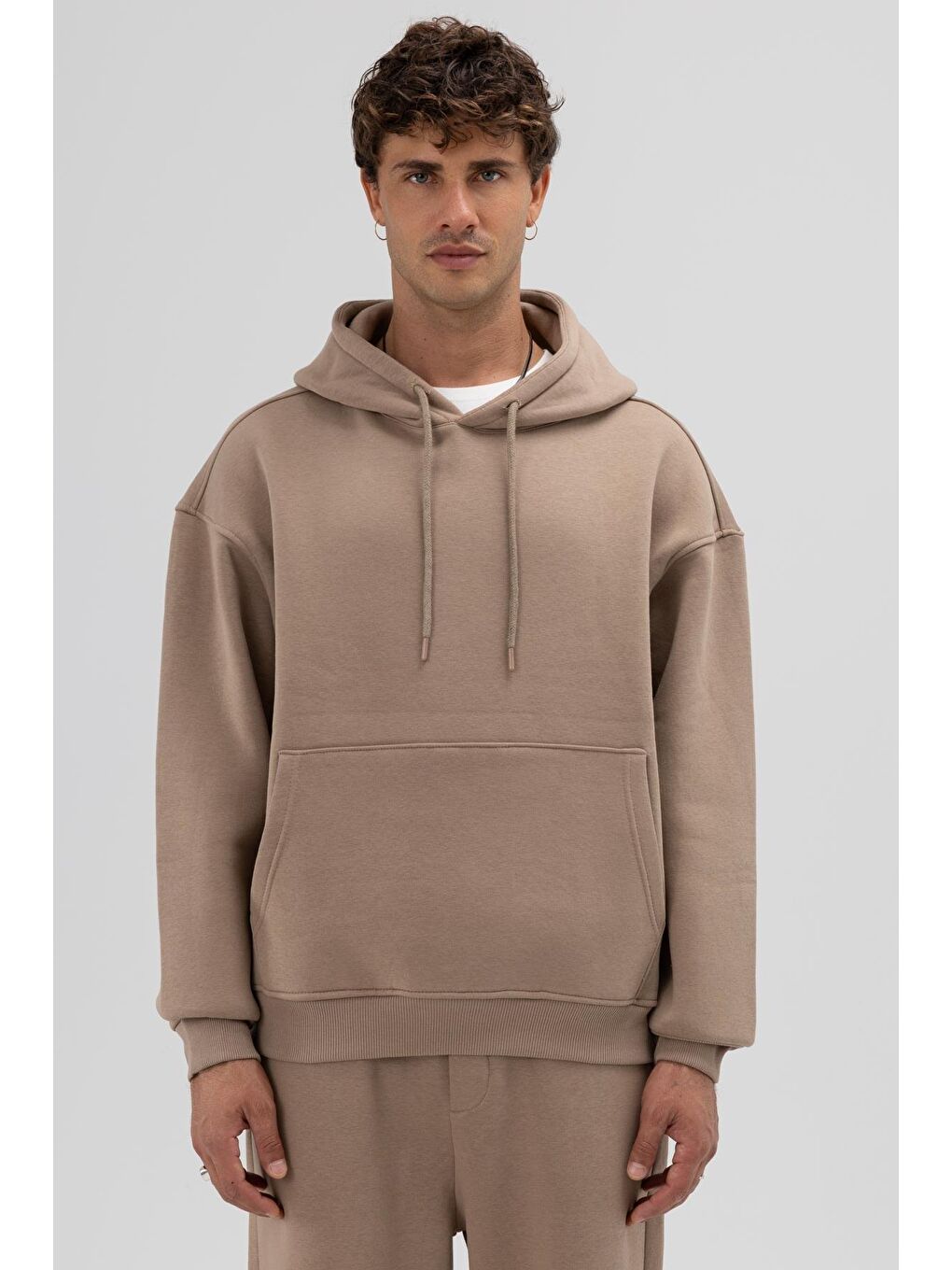 Bej Basic Oversize Kapüşonlu Sweatshirt Vizon-1