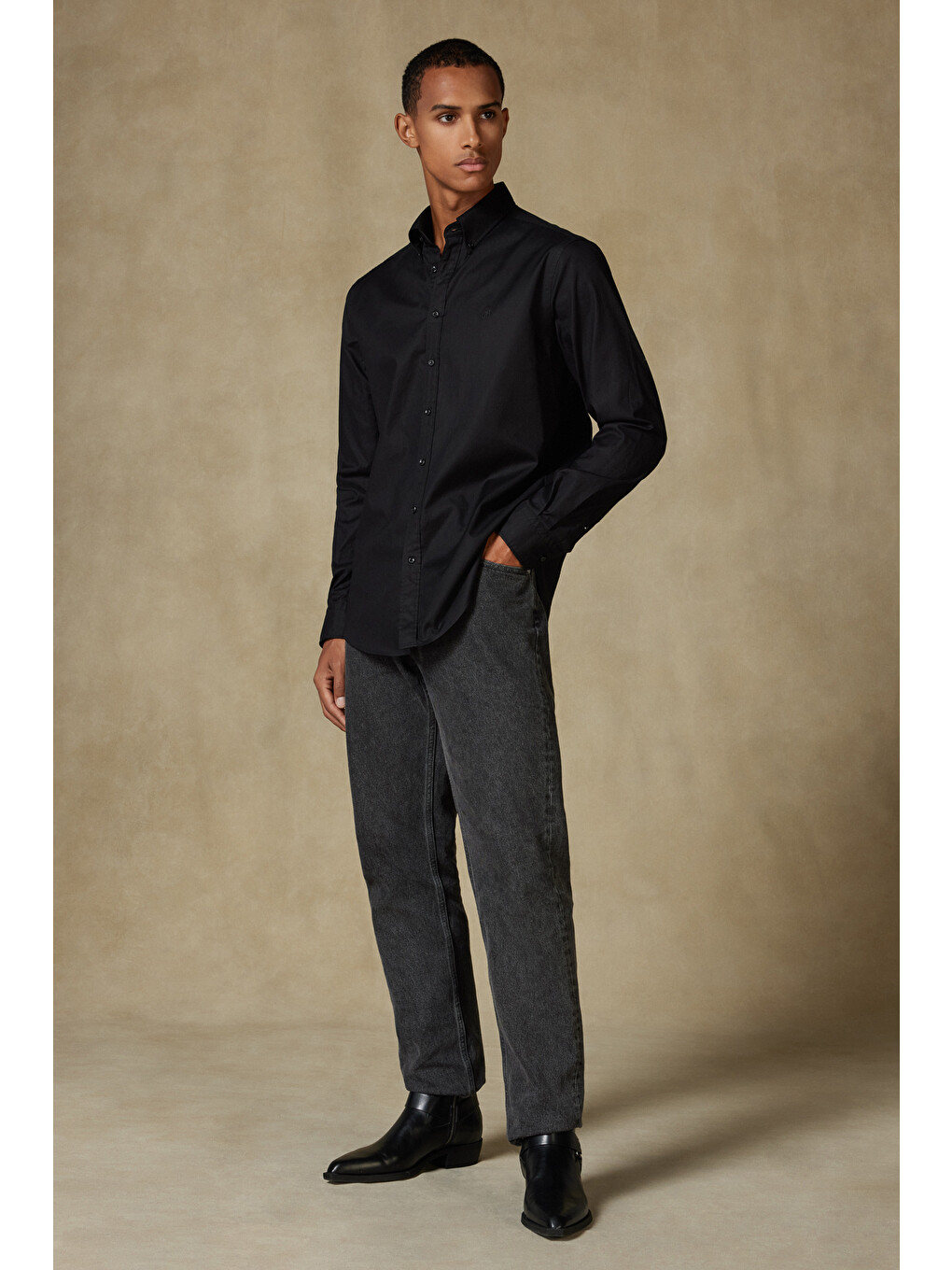 Luca Oxford Stretch Pamuk Karışımlı Comfort Fit Siyah Düğmeli Yaka Erkek Düz Gömlek-1