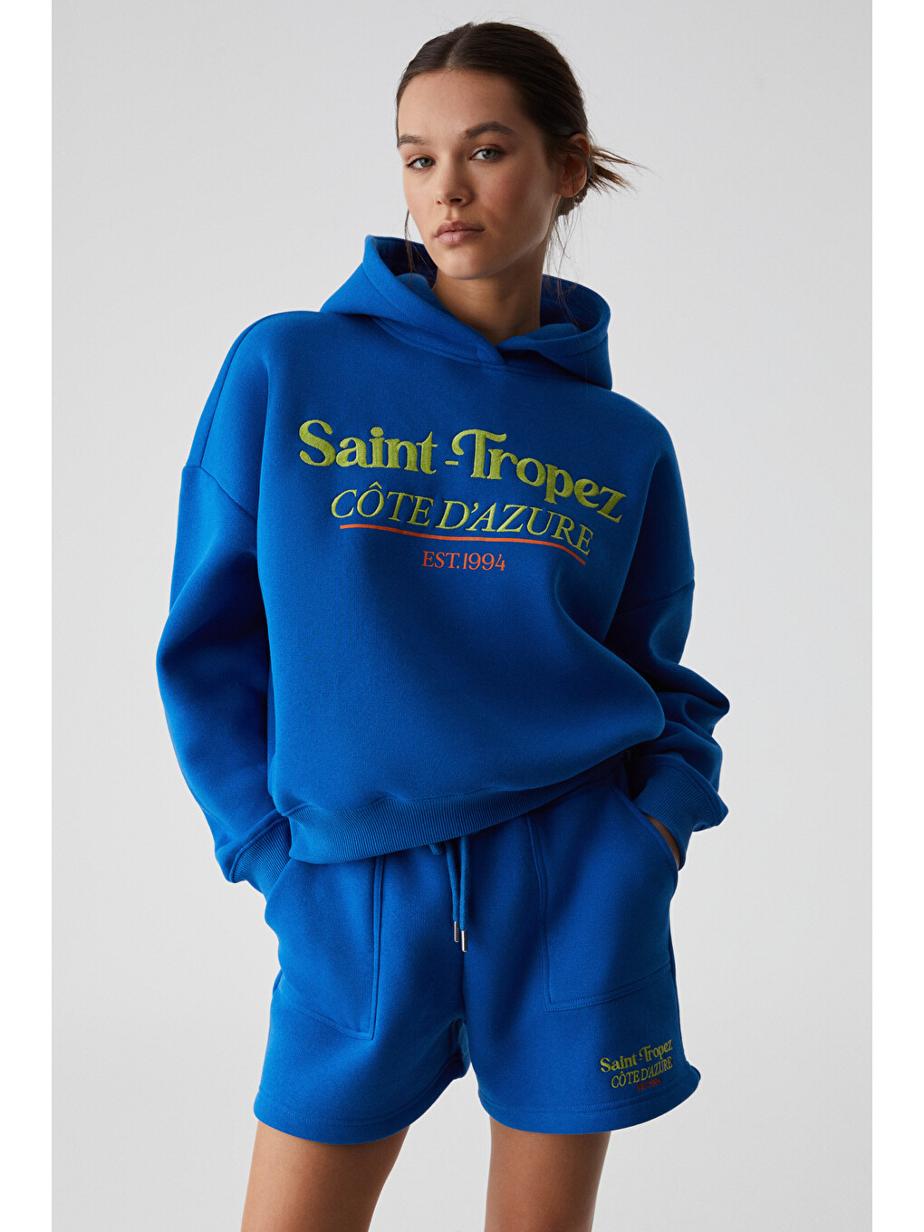 Tacna Kadın Kapüşonlu Uzun Kollu Oversize Mavi Sweatshirt