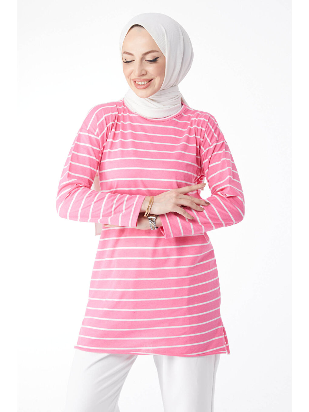 Çİzgili Yırtmaçlı Tunik Fuşya - 27134-2