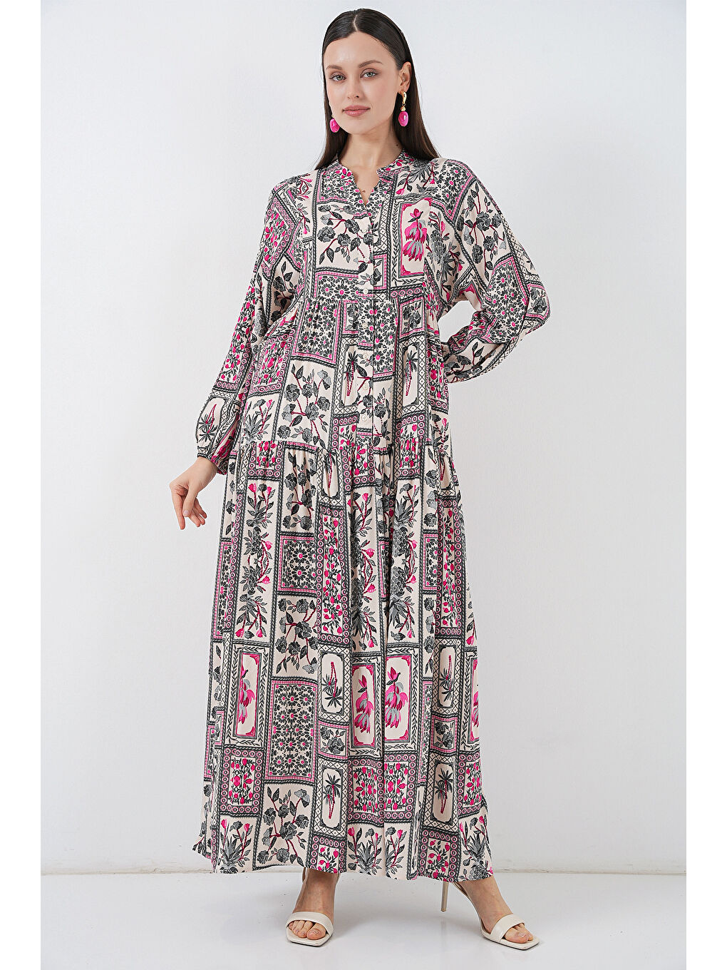 Kadın Desenli Uzun Tesettür Elbise 2585 - B. Fuşya-3