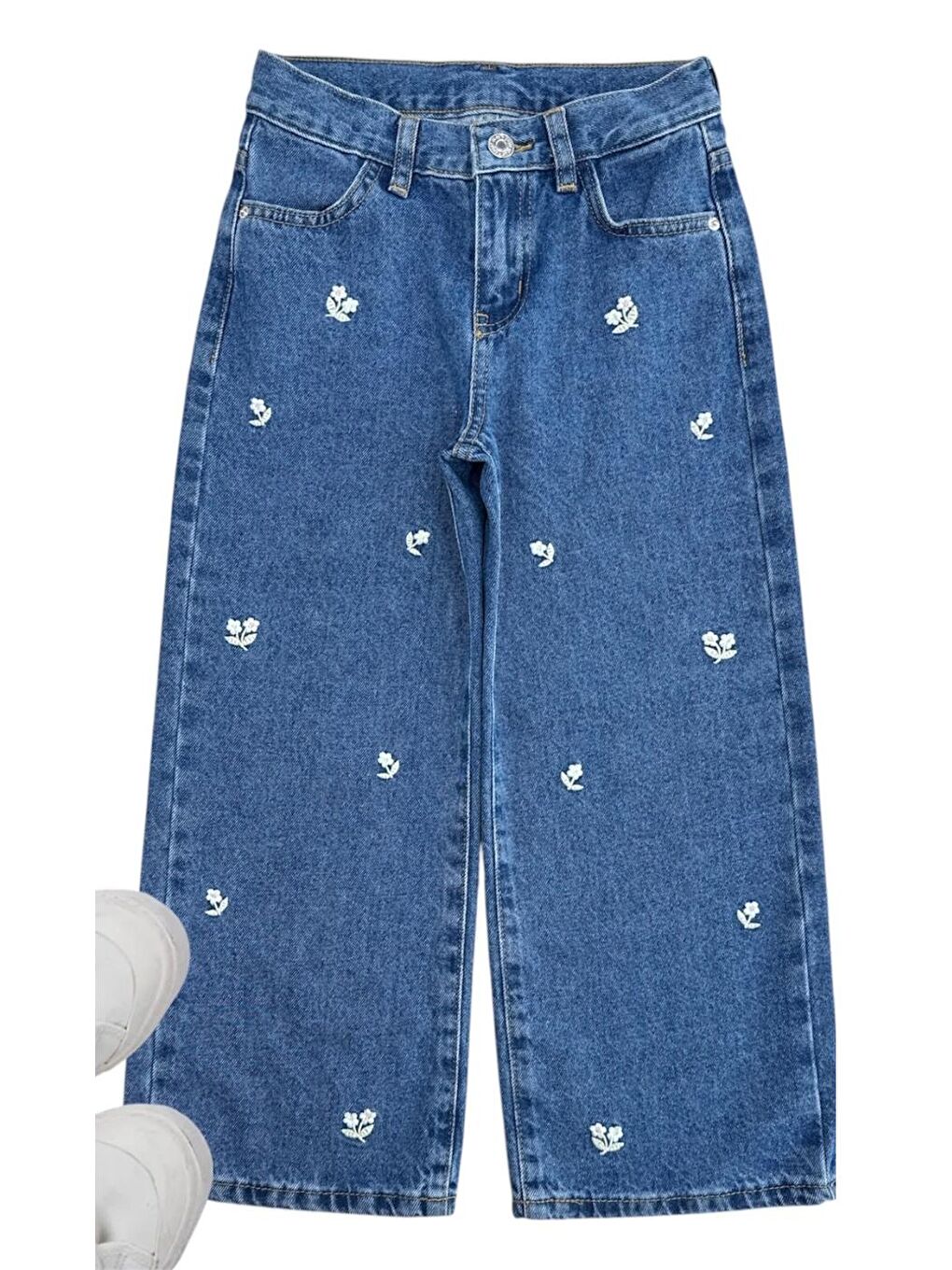 Kız Çocuk Mavi Renk Çiçek Nakışlı Jean Pantolon