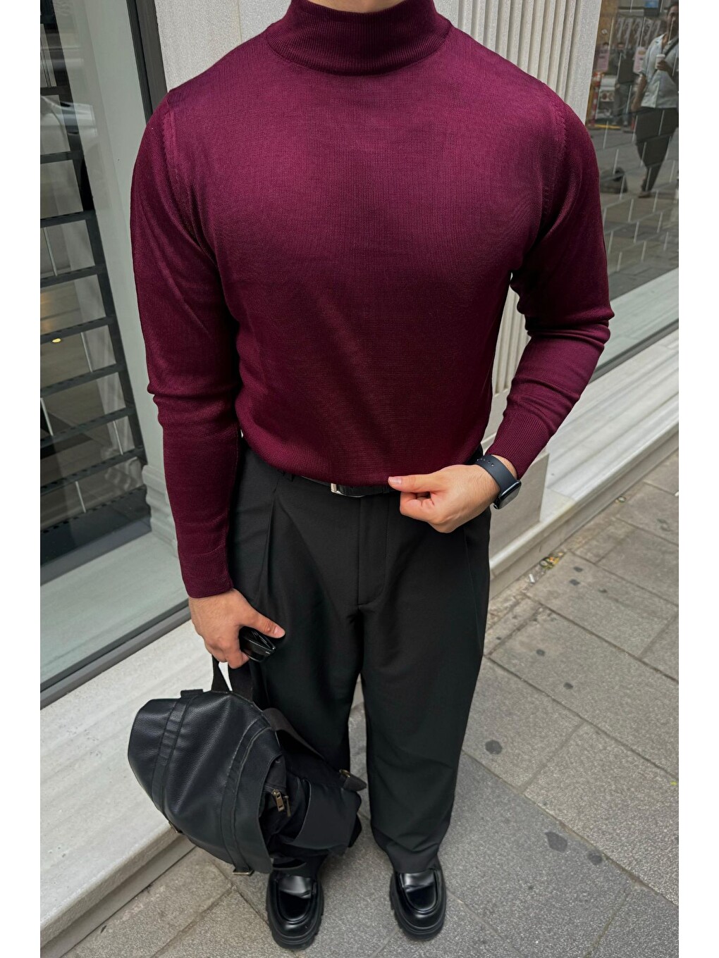 Bordo Erkek Standart Fit Normal Kesim Yarım Balıkçı Yaka Triko Kazak-2