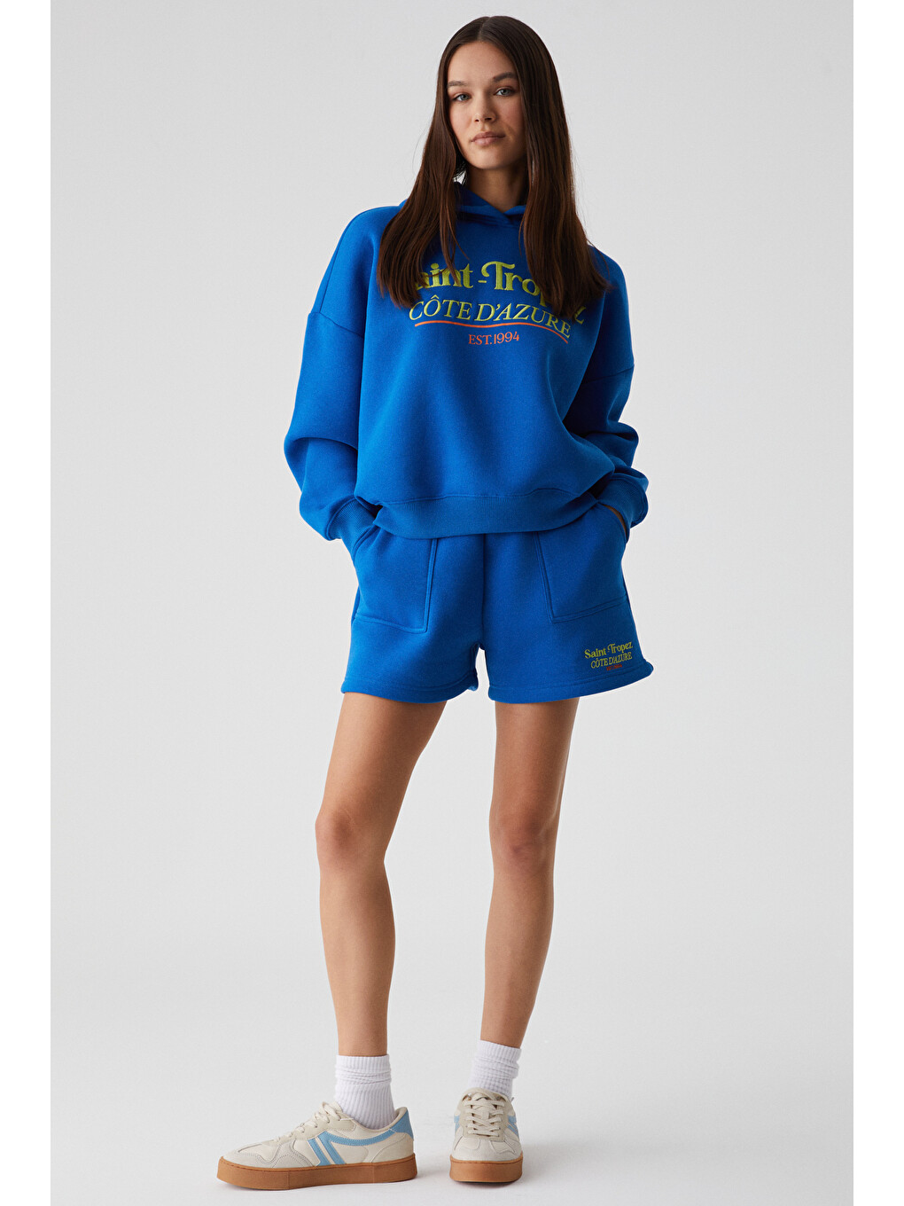 Tacna Kadın Kapüşonlu Uzun Kollu Oversize Mavi Sweatshirt-1