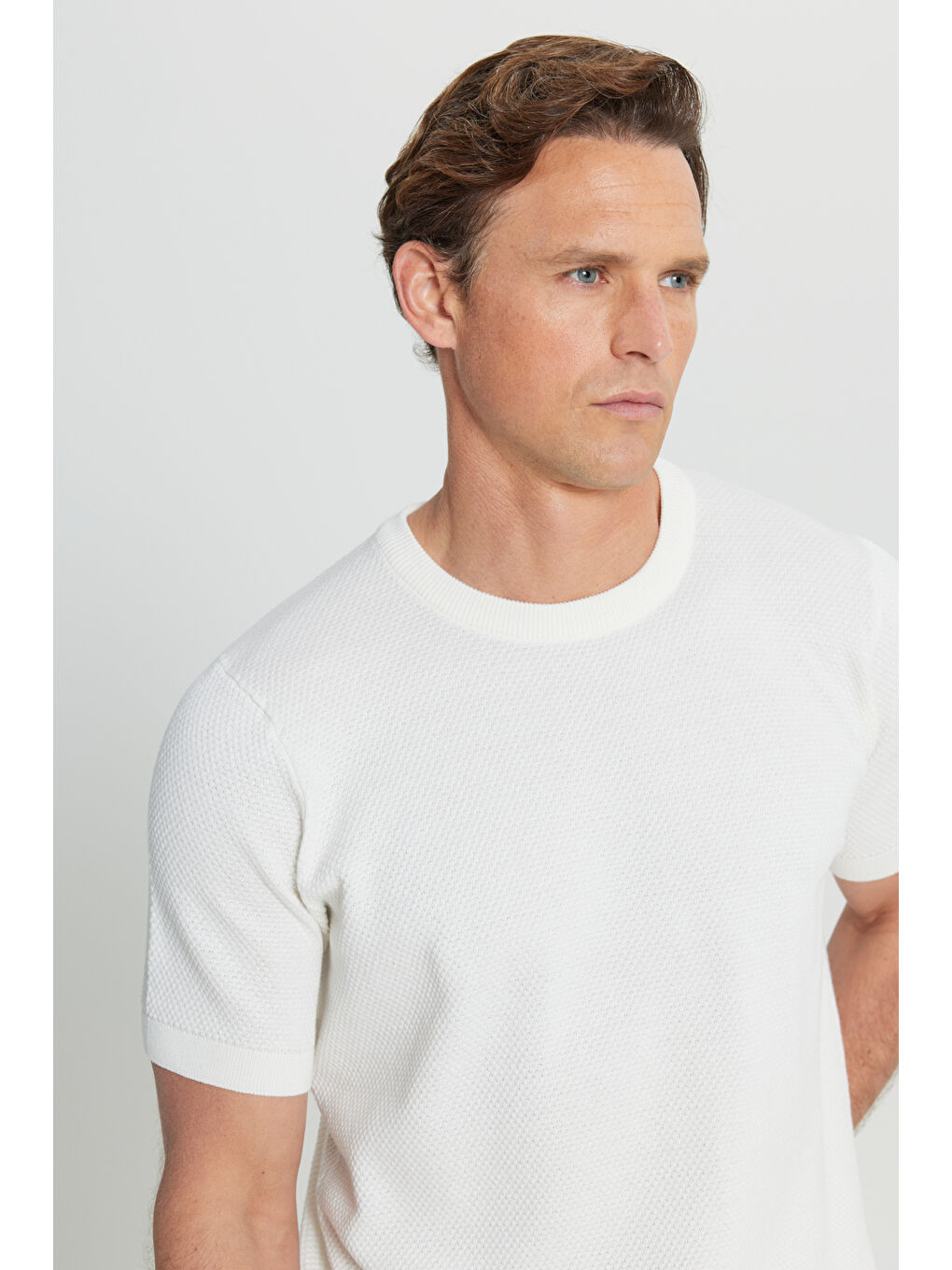 Erkek Ekru %100 Pamuk Standart Fit Normal Kesim Bisiklet Yaka Triko Tişört-4