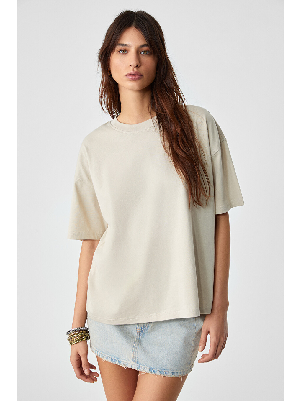 Bej LAGERTHA Kadın %100 organik Pamuklu Kalın Dokulu Oversize Fit Yuvarlak Yakalı TAŞ T-Shirt