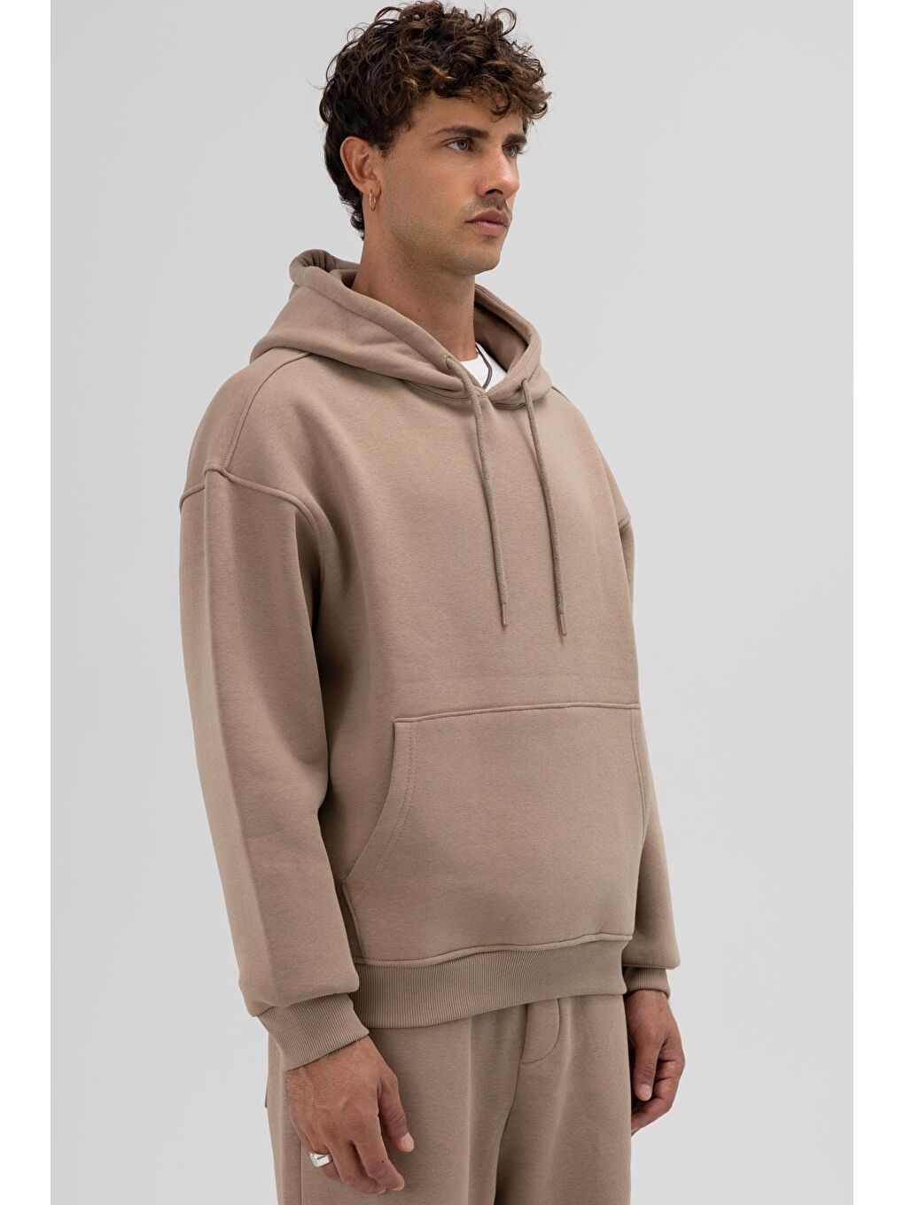 Bej Basic Oversize Kapüşonlu Sweatshirt Vizon-2
