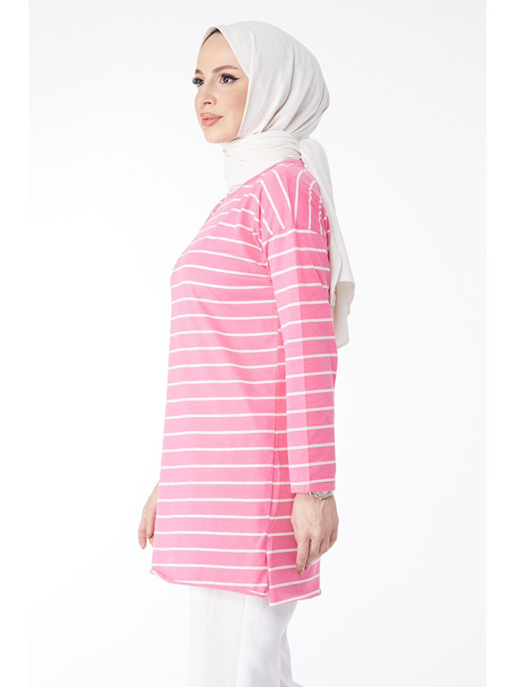 Çİzgili Yırtmaçlı Tunik Fuşya - 27134-3