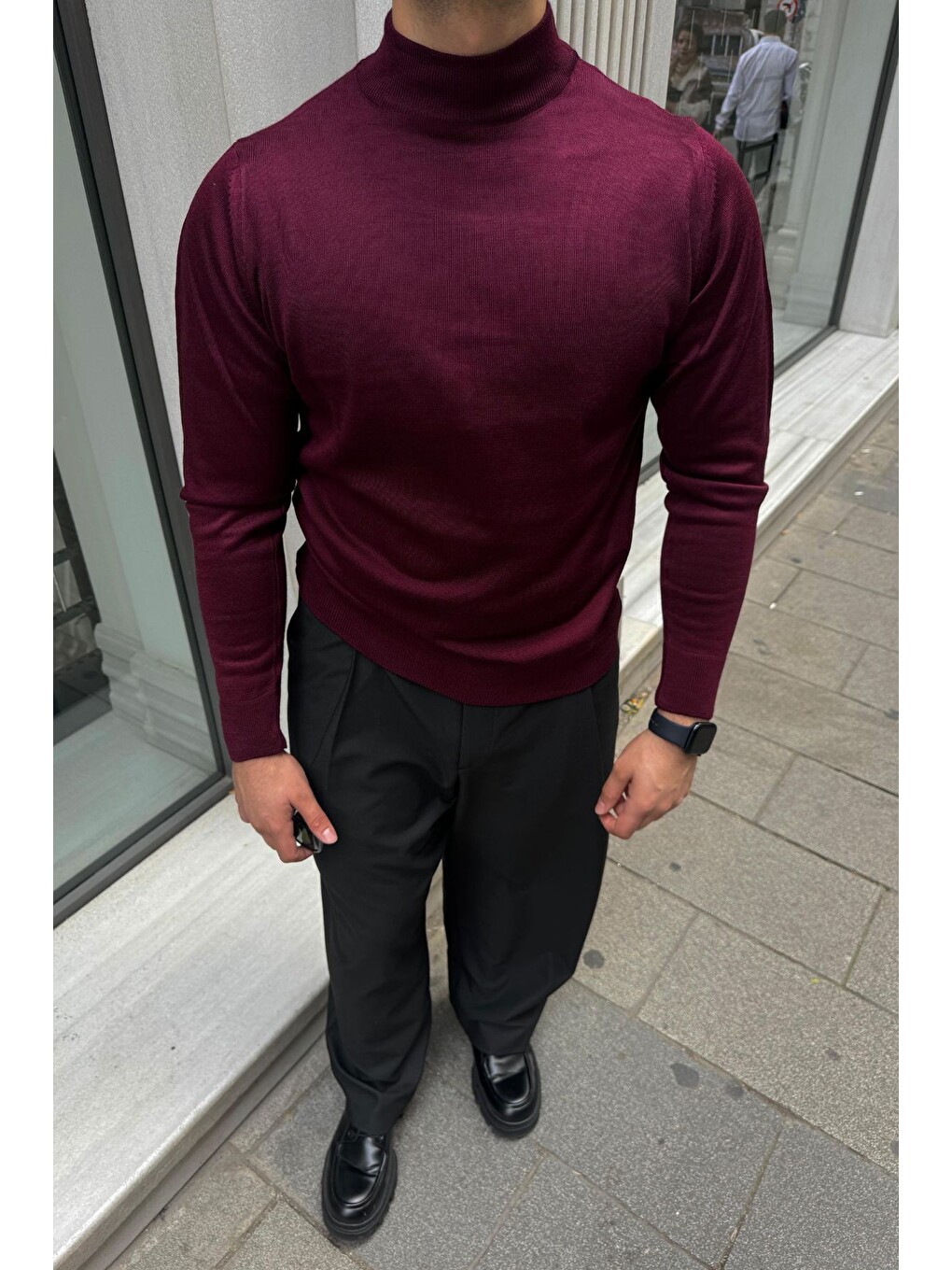 Bordo Erkek Standart Fit Normal Kesim Yarım Balıkçı Yaka Triko Kazak-3