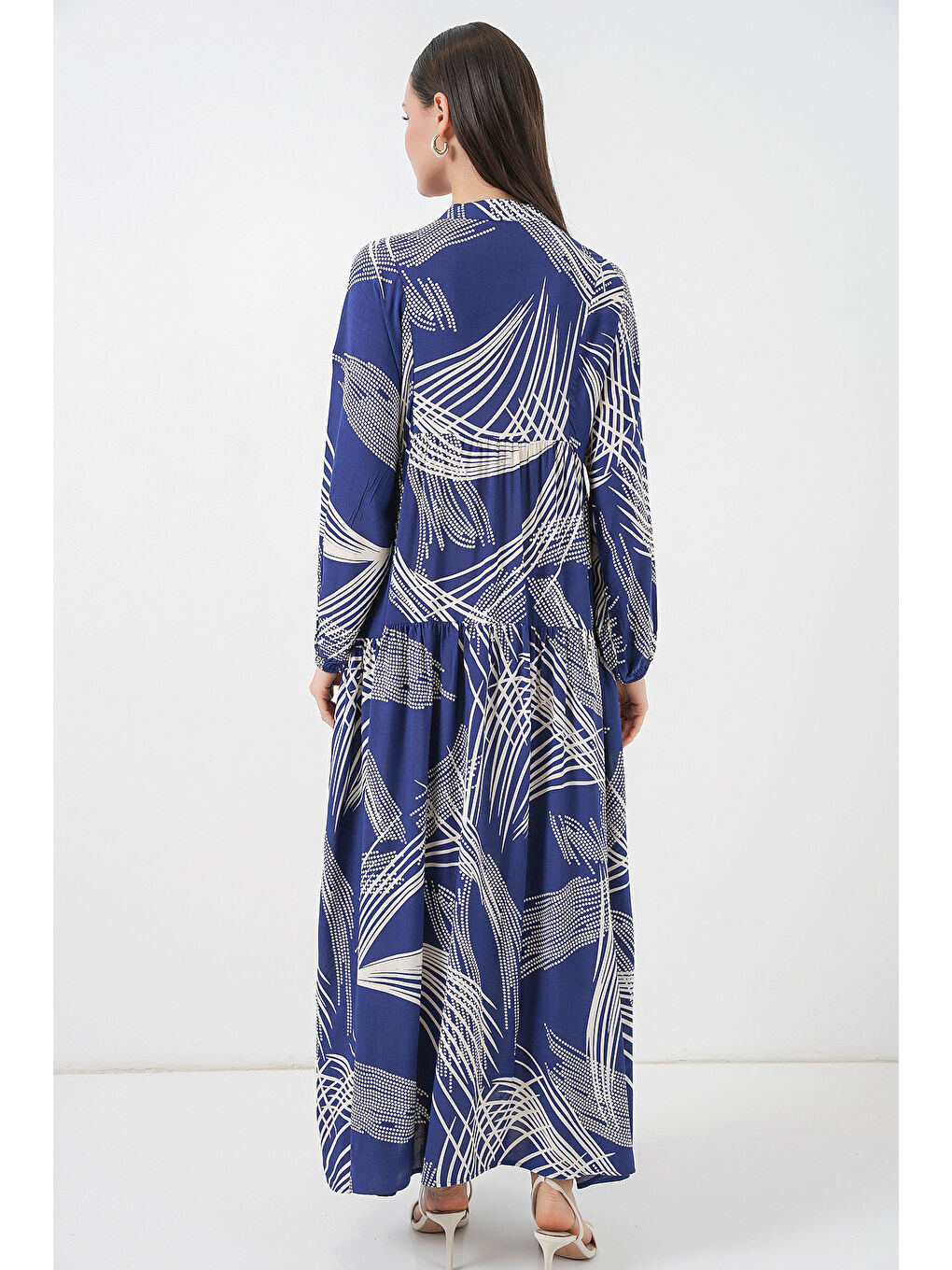 Kadın Desenli Uzun Tesettür Elbise 2585 - C.Lacivert-5