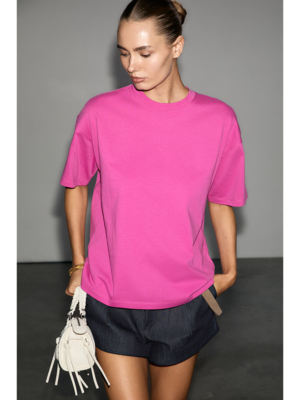 Fuşya LAGERTHA Kadın %100 organik Pamuklu Kalın Dokulu Oversize Fit Yuvarlak Yakalı FUŞYA T-Shirt-1