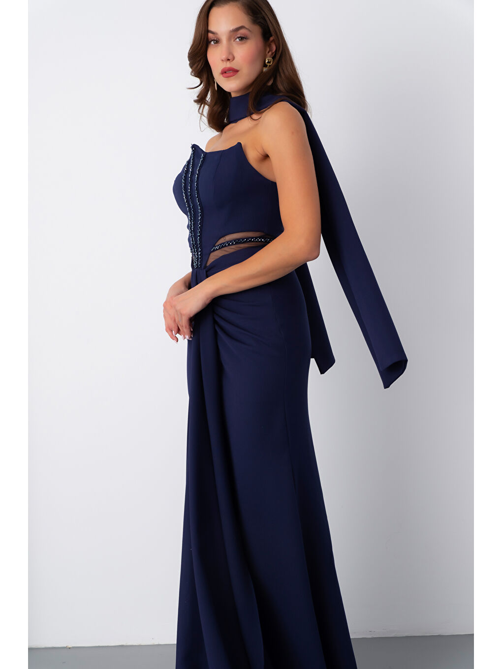 Kadın Lacivert Taş İşlemeli Straplez Uzun Abiye Elbise-2