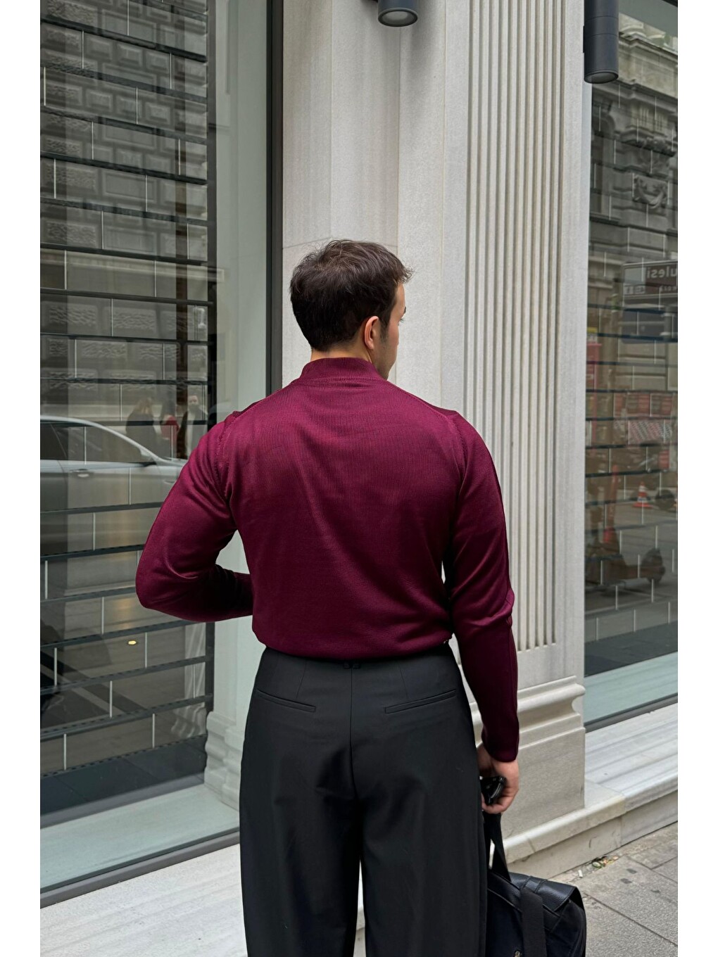 Bordo Erkek Standart Fit Normal Kesim Yarım Balıkçı Yaka Triko Kazak-4