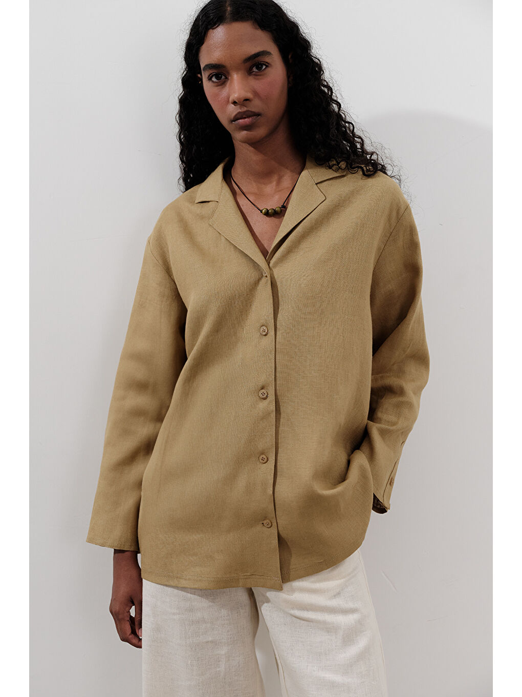 Sarı Keten Geniş Kollu Gömlek Köri-2