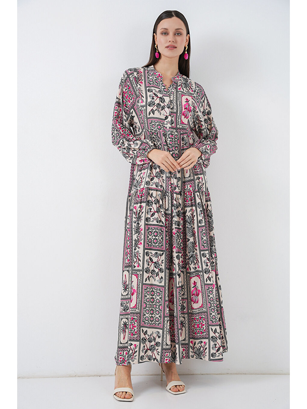 Kadın Desenli Uzun Tesettür Elbise 2585 - B. Fuşya-4