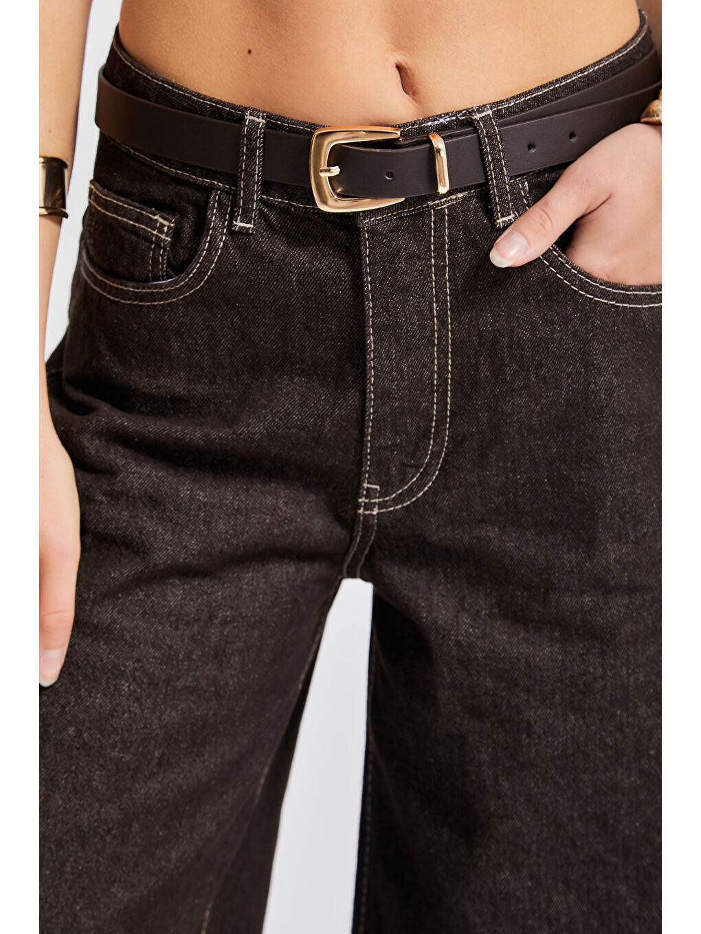 Kahverengi Kadın Acı Kahve Renk 7w5-16 Culotte Wide Leg Fit Kemerli Denim Jean-1