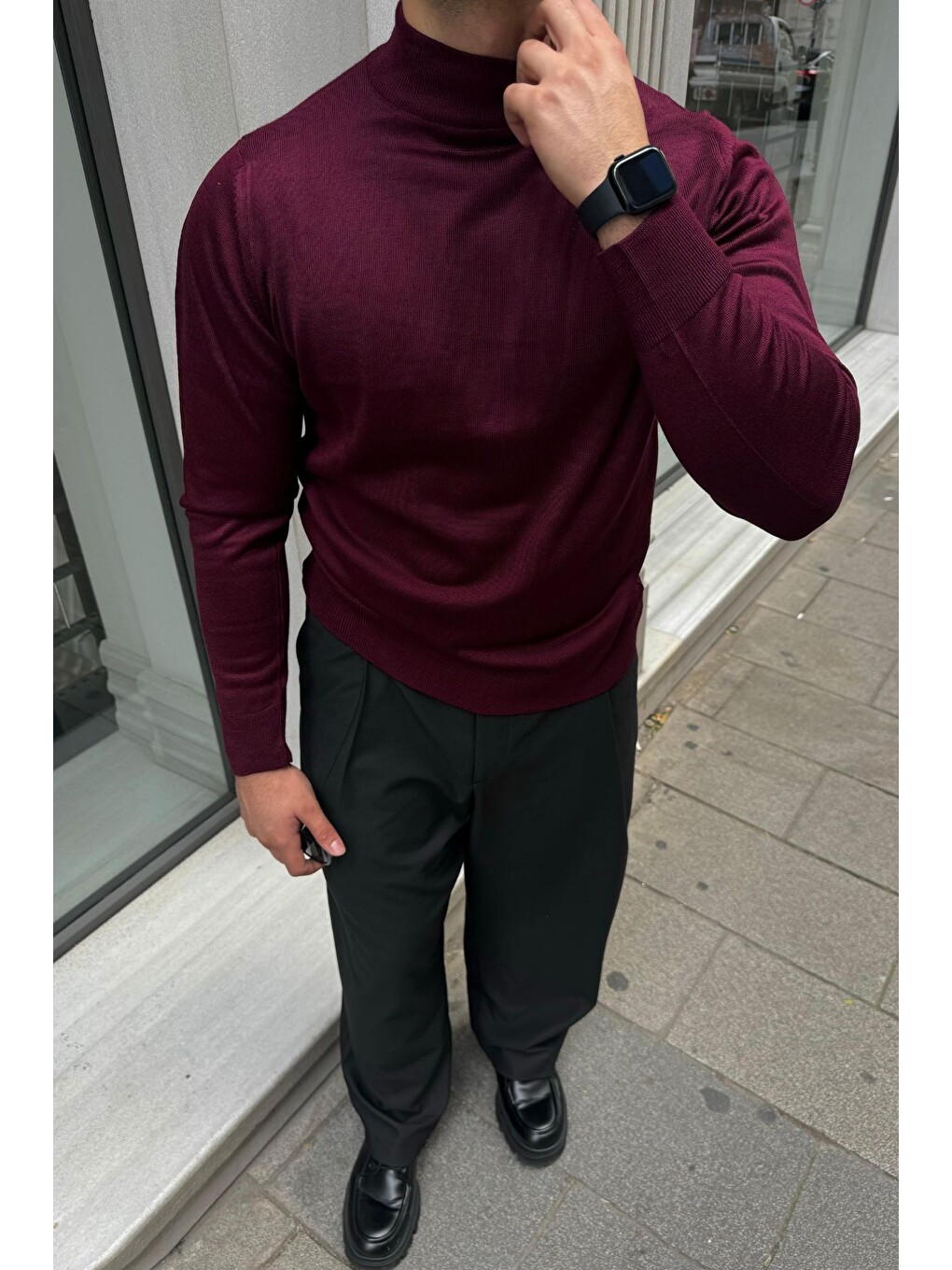Bordo Erkek Standart Fit Normal Kesim Yarım Balıkçı Yaka Triko Kazak-5