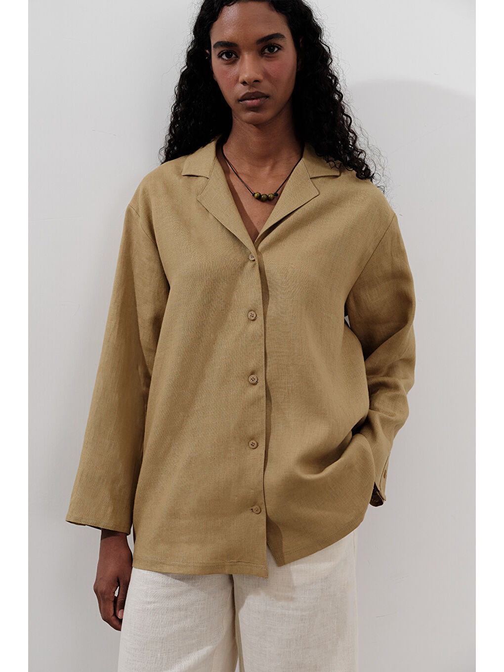 Sarı Keten Geniş Kollu Gömlek Köri-3