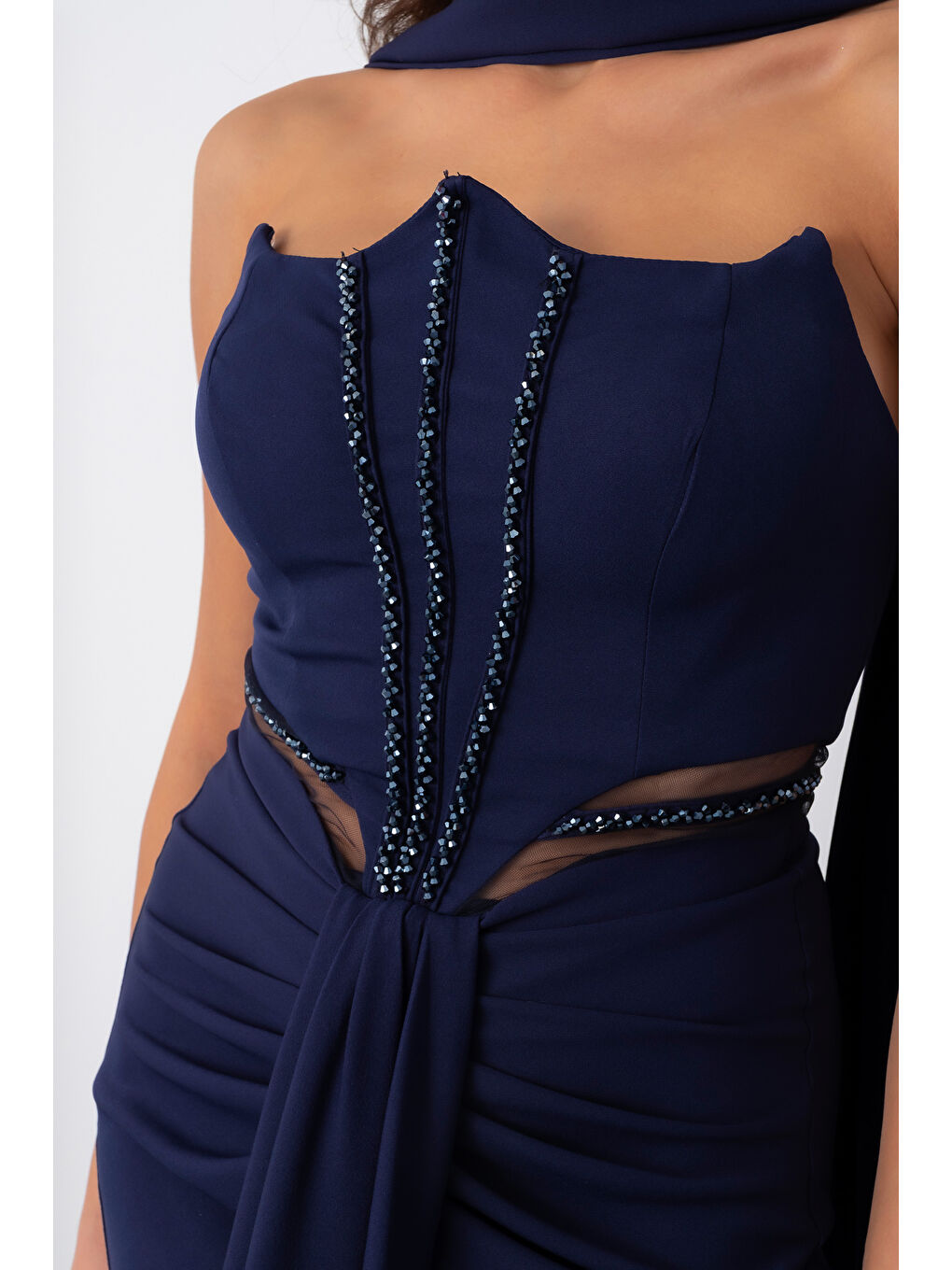 Kadın Lacivert Taş İşlemeli Straplez Uzun Abiye Elbise-3