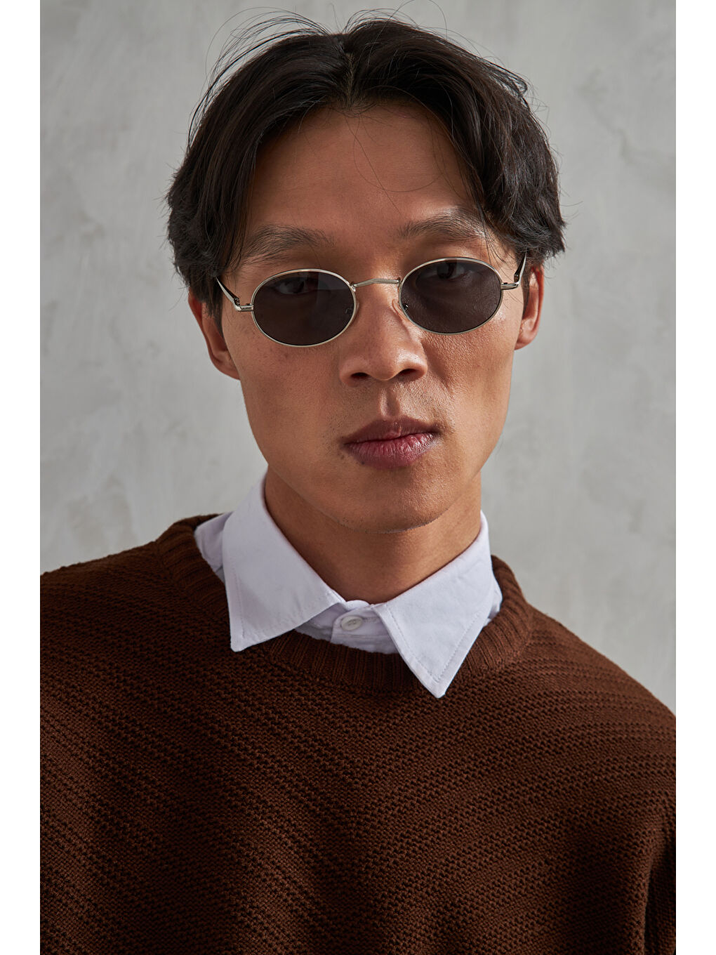 Kahverengi Erkek Bisiklet Yaka Oversize Ters Örgü Desen Kazak-5