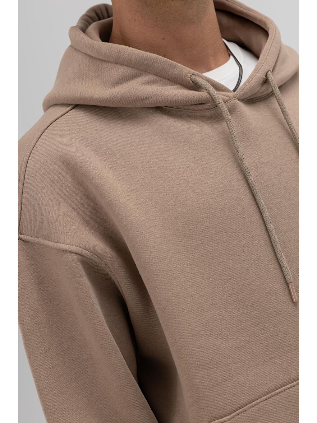Bej Basic Oversize Kapüşonlu Sweatshirt Vizon-3