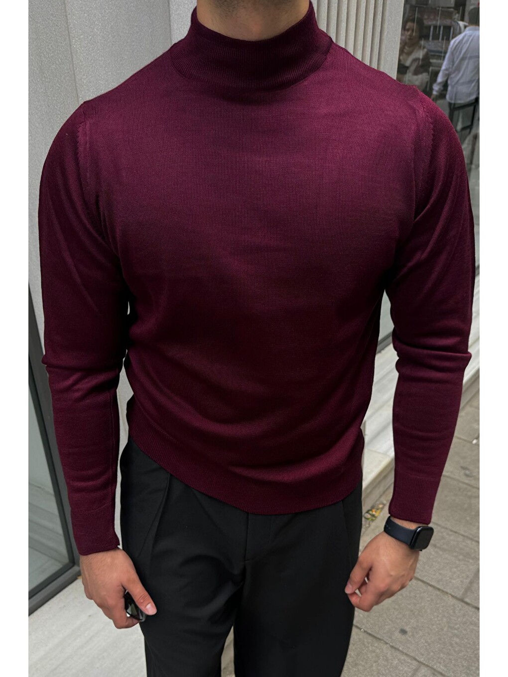 Bordo Erkek Standart Fit Normal Kesim Yarım Balıkçı Yaka Triko Kazak-6