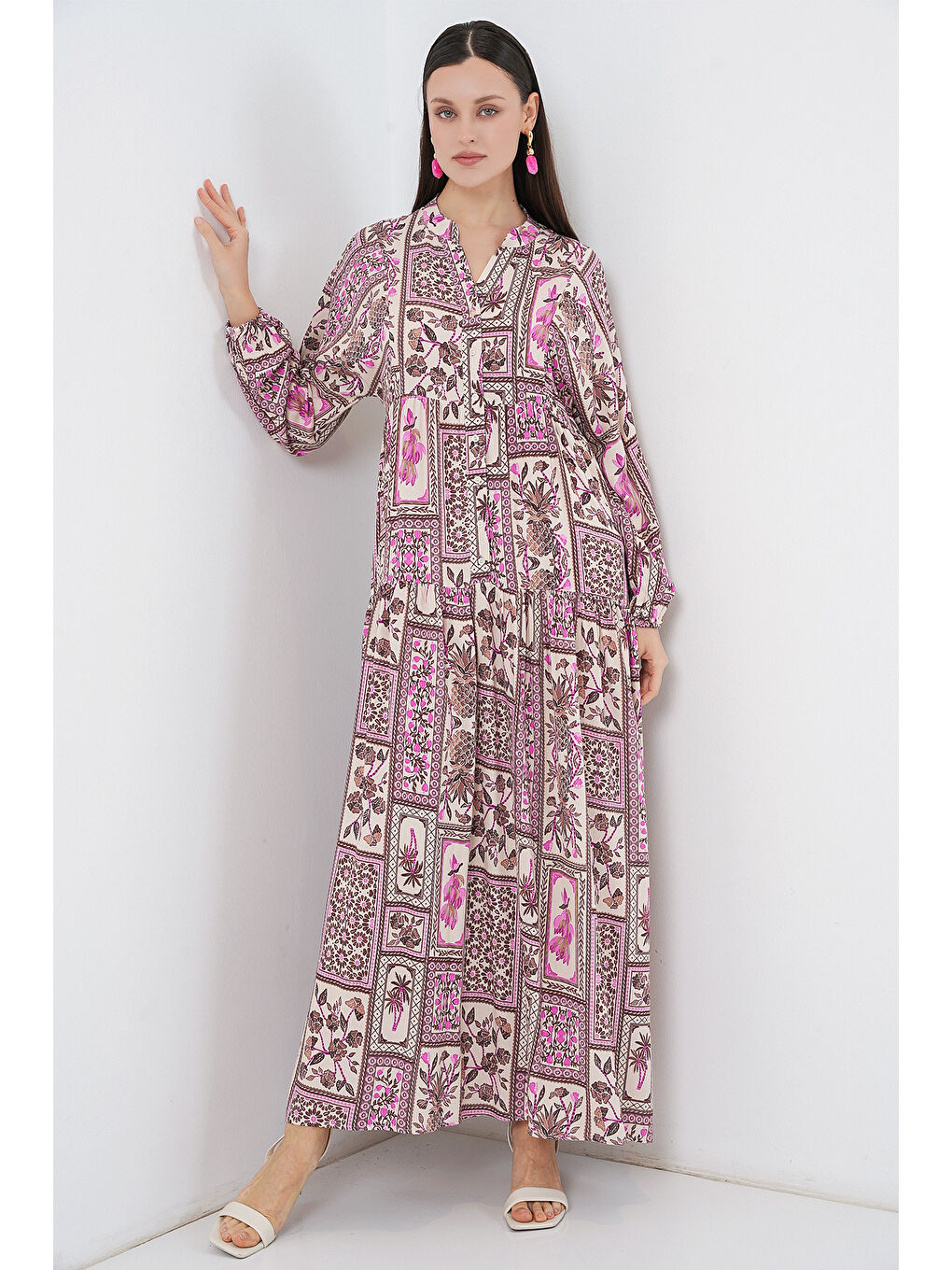 Pembe Kadın Desenli Uzun Tesettür Elbise 2585 - A.Pudra-1