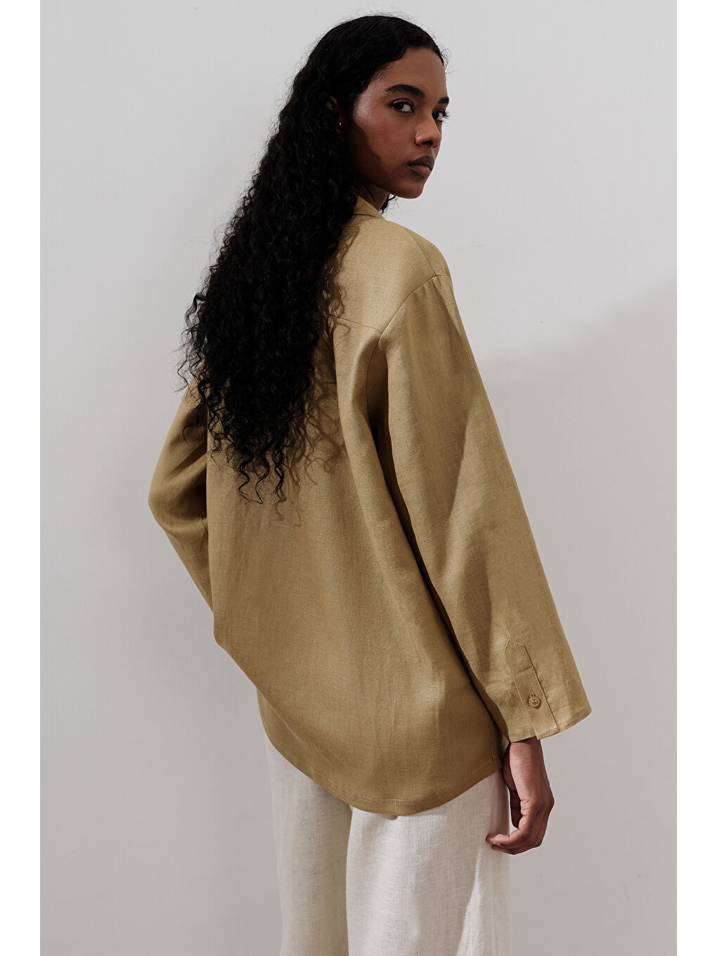 Sarı Keten Geniş Kollu Gömlek Köri-4